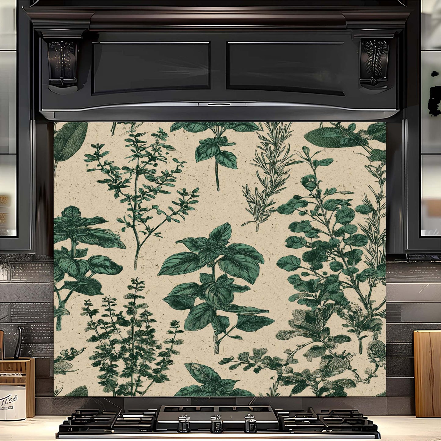 Black oven with a decorative green leaf pattern on the glass backsplash