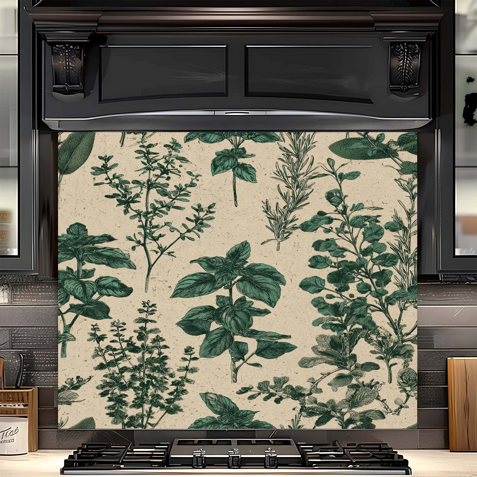 Black oven with a decorative green leaf pattern on the glass backsplash