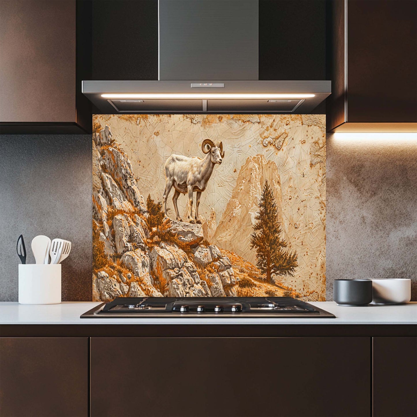 Kitchen with a decorative glass splashback featuring a mountain goat design.