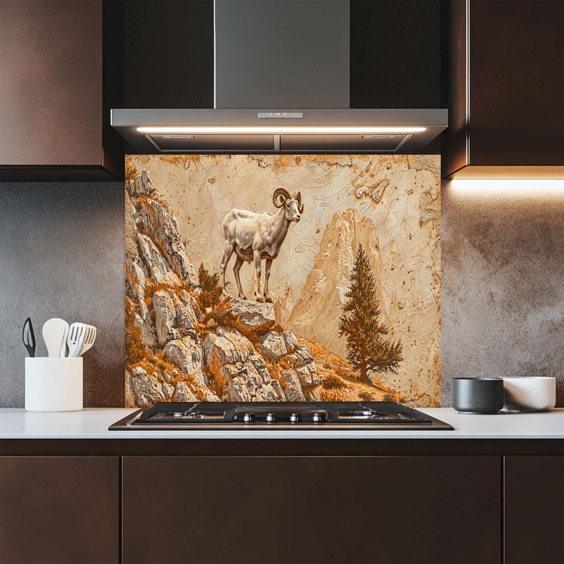 Kitchen with a decorative glass splashback featuring a mountain goat design.