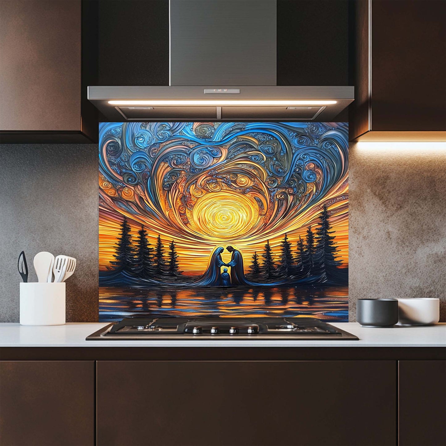 Kitchen with a decorative glass splashback featuring a celestial design.