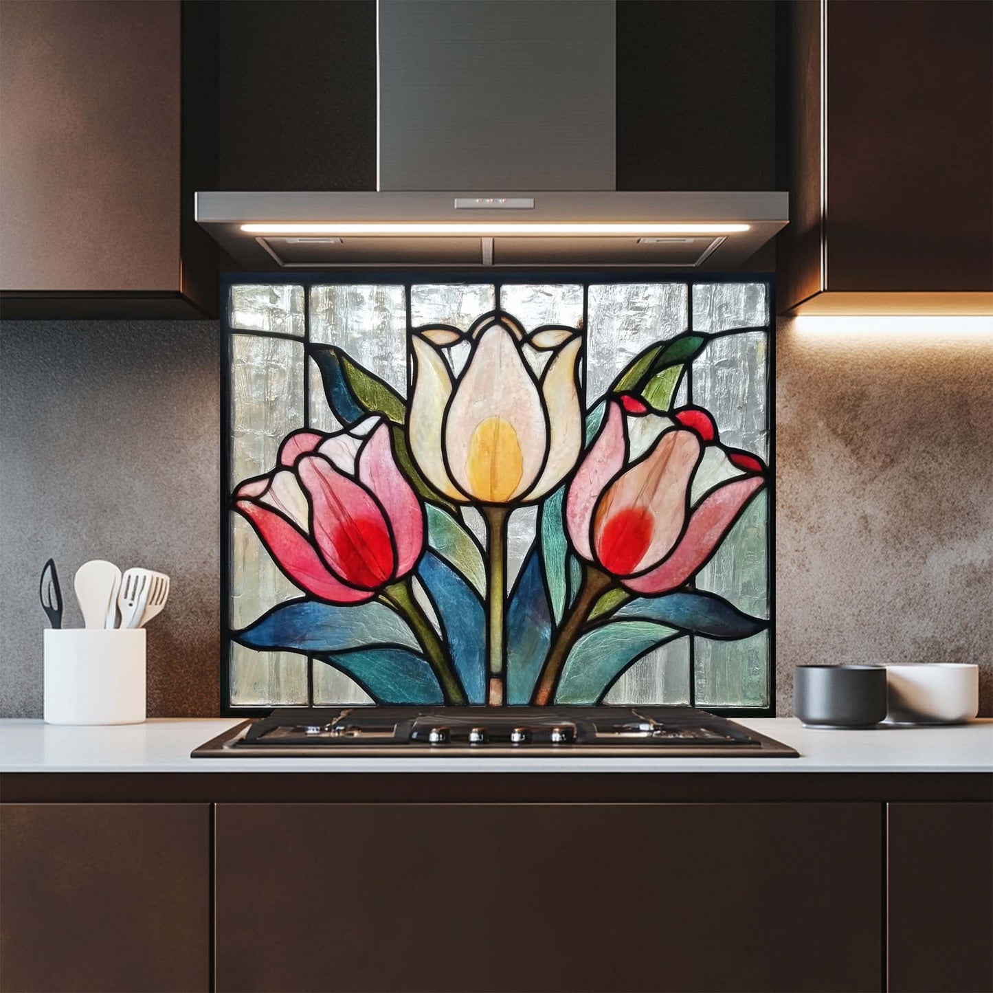 Kitchen with a decorative glass splashback featuring tulips.