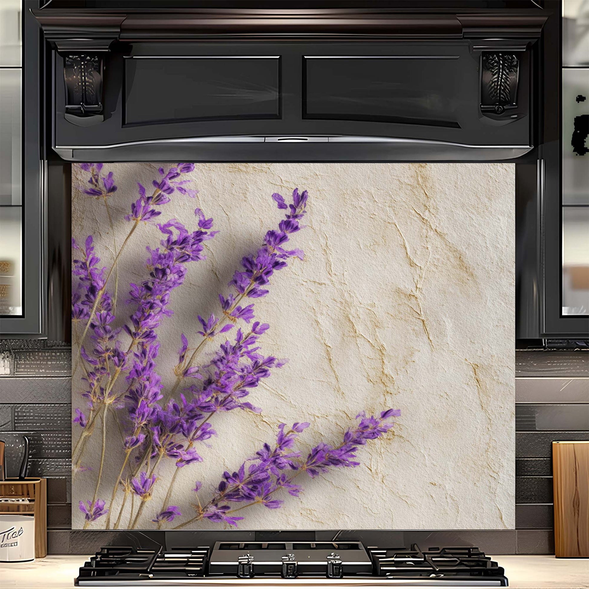 Decorative backsplash with purple flowers on a kitchen wall