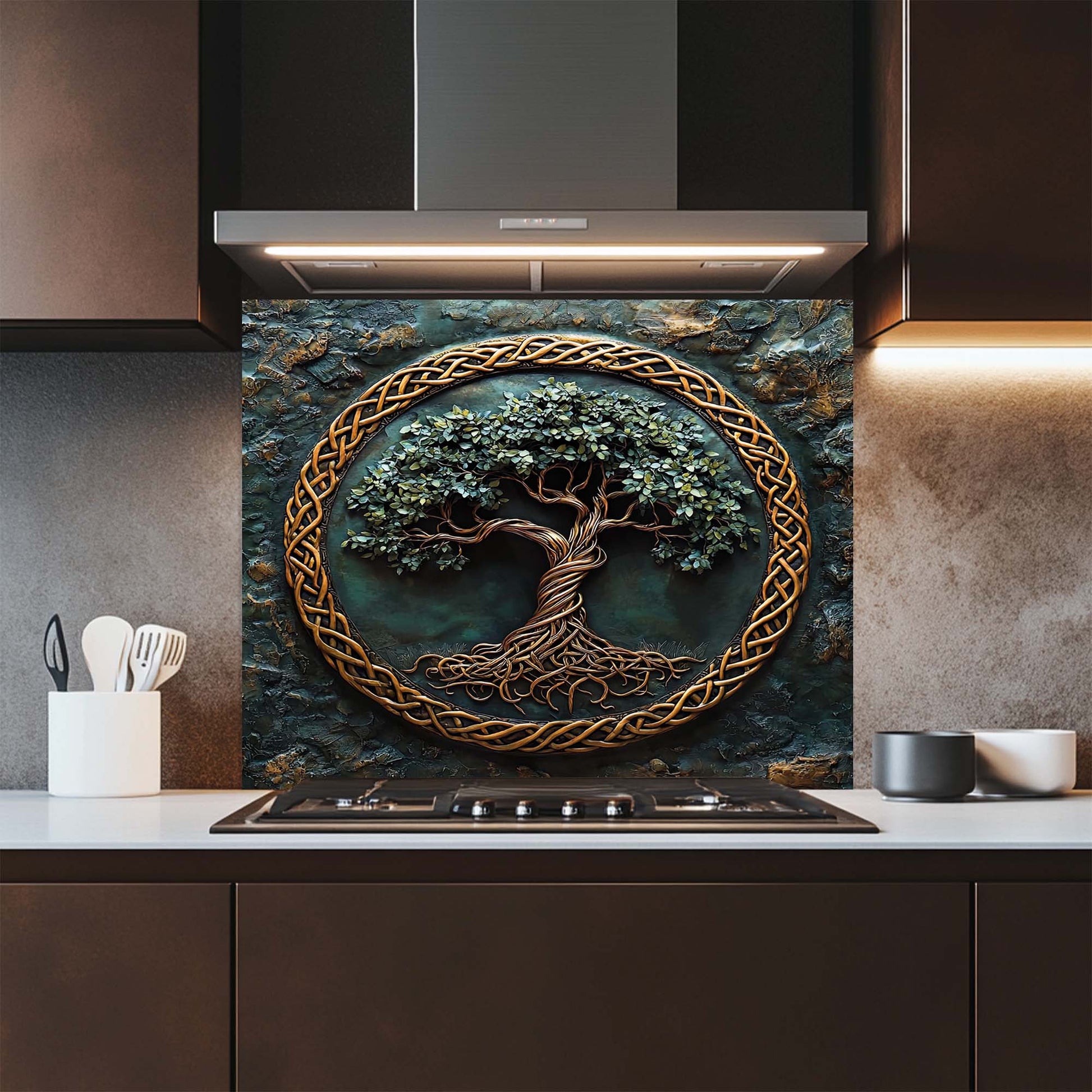 Decorative kitchen backsplash with tree design in a modern kitchen setting