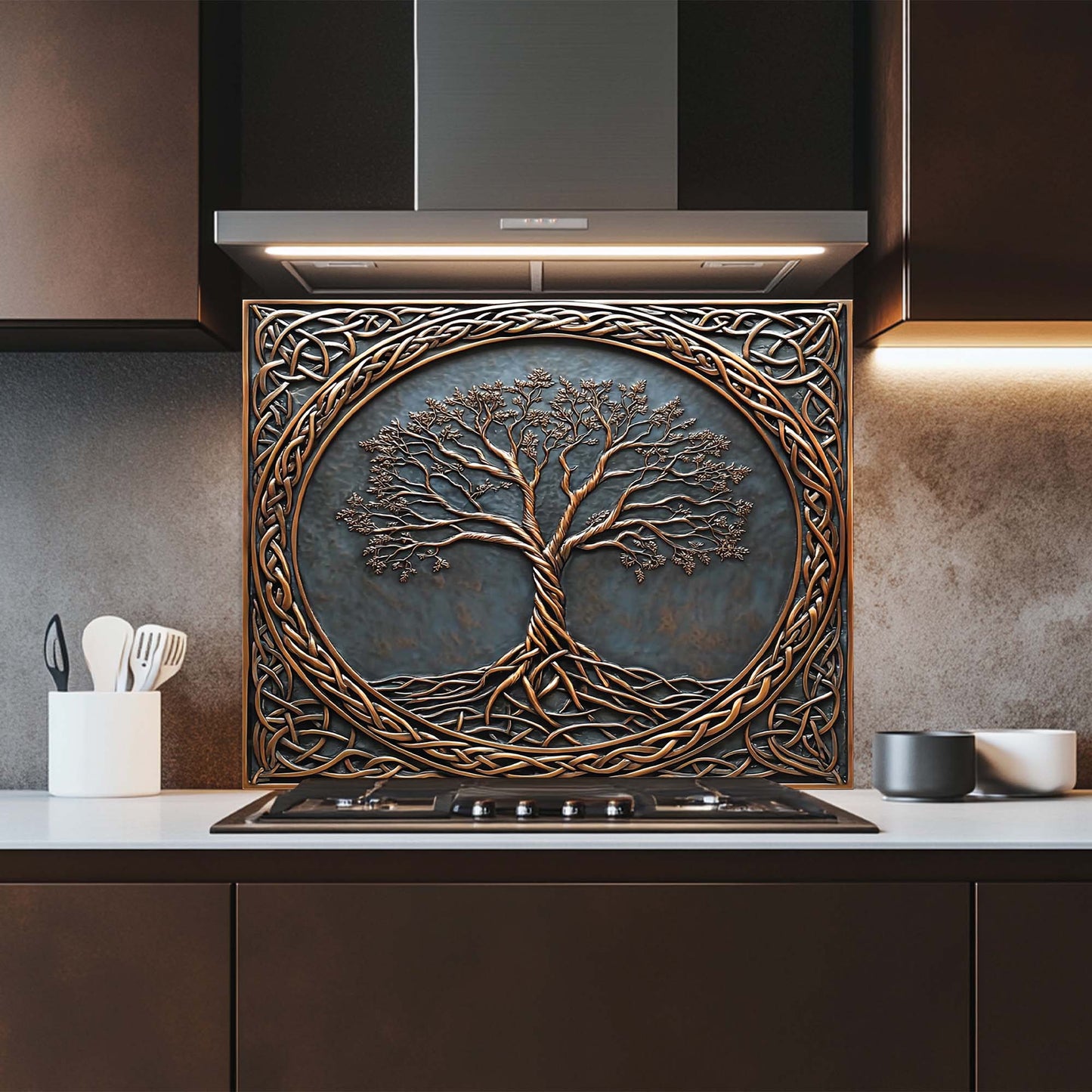 Decorative glass backsplash with a tree design above a kitchen stove.