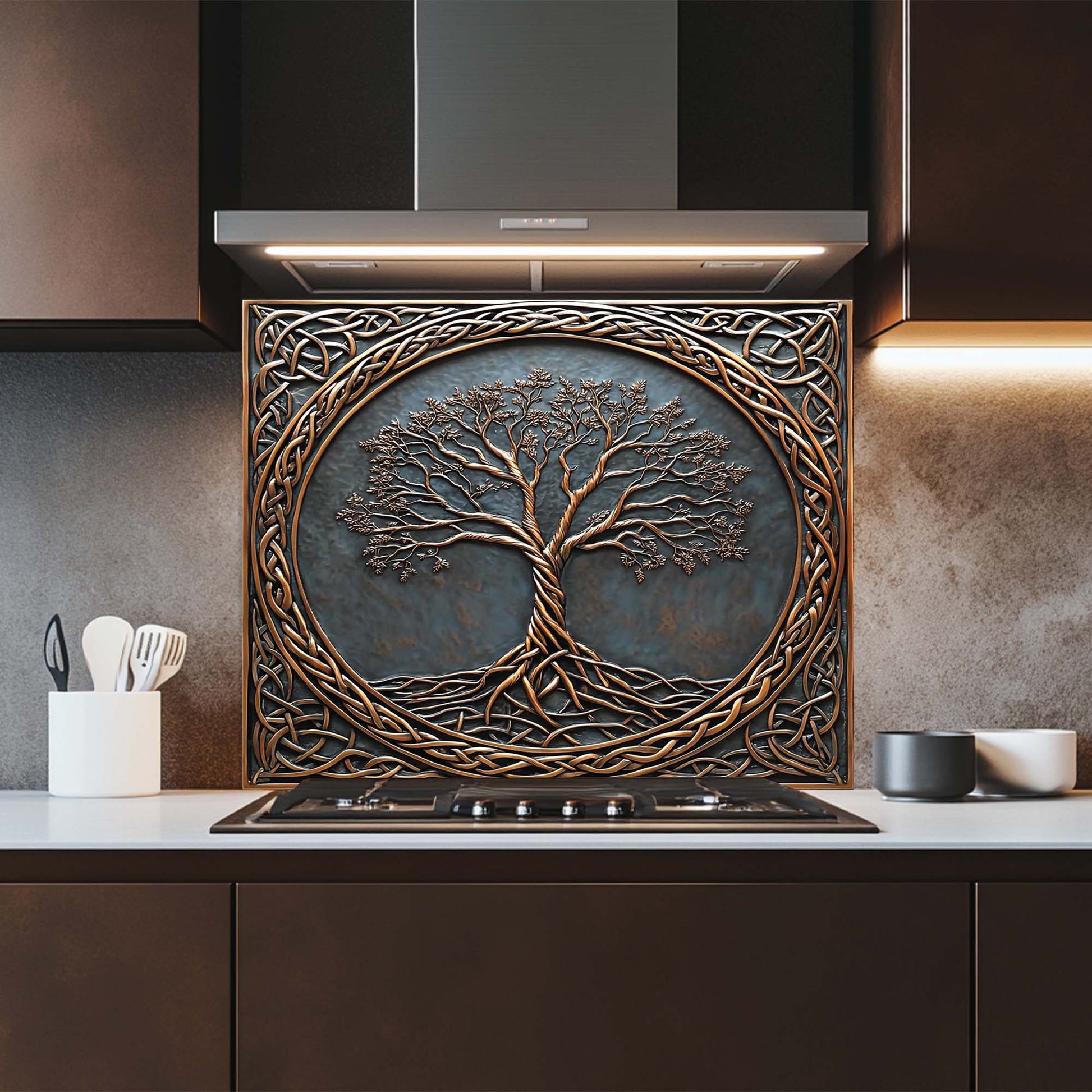 Decorative glass backsplash with a tree design above a kitchen stove.