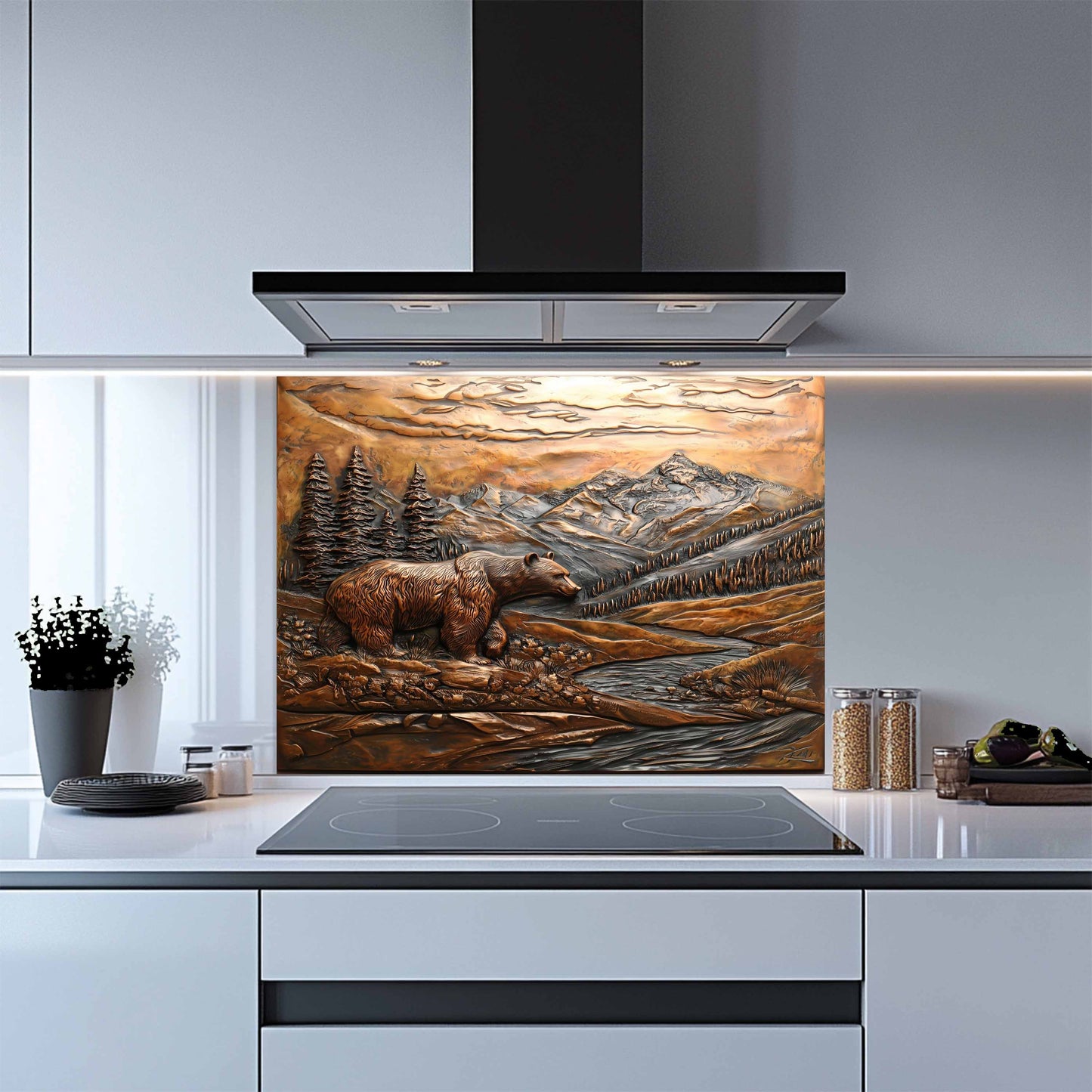 Kitchen with a decorative glass splashback featuring a bear and mountain scene.