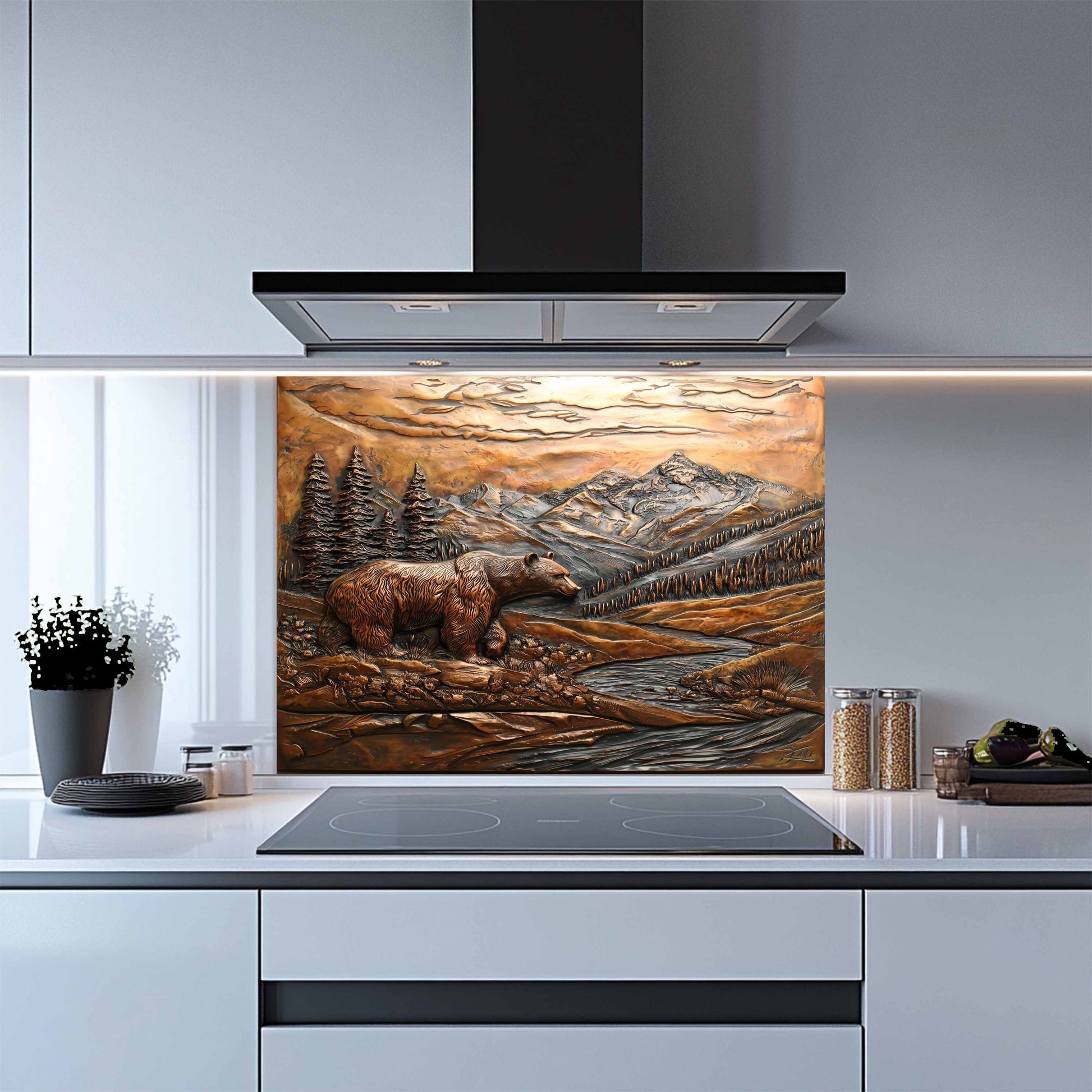 Kitchen with a decorative glass splashback featuring a bear and mountain scene.