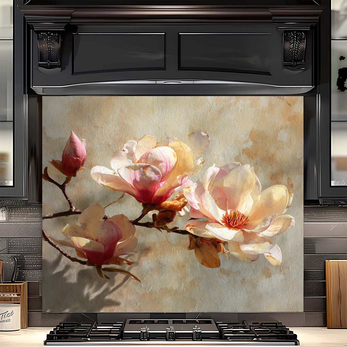 Decorative glass backsplash with floral design in a kitchen setting