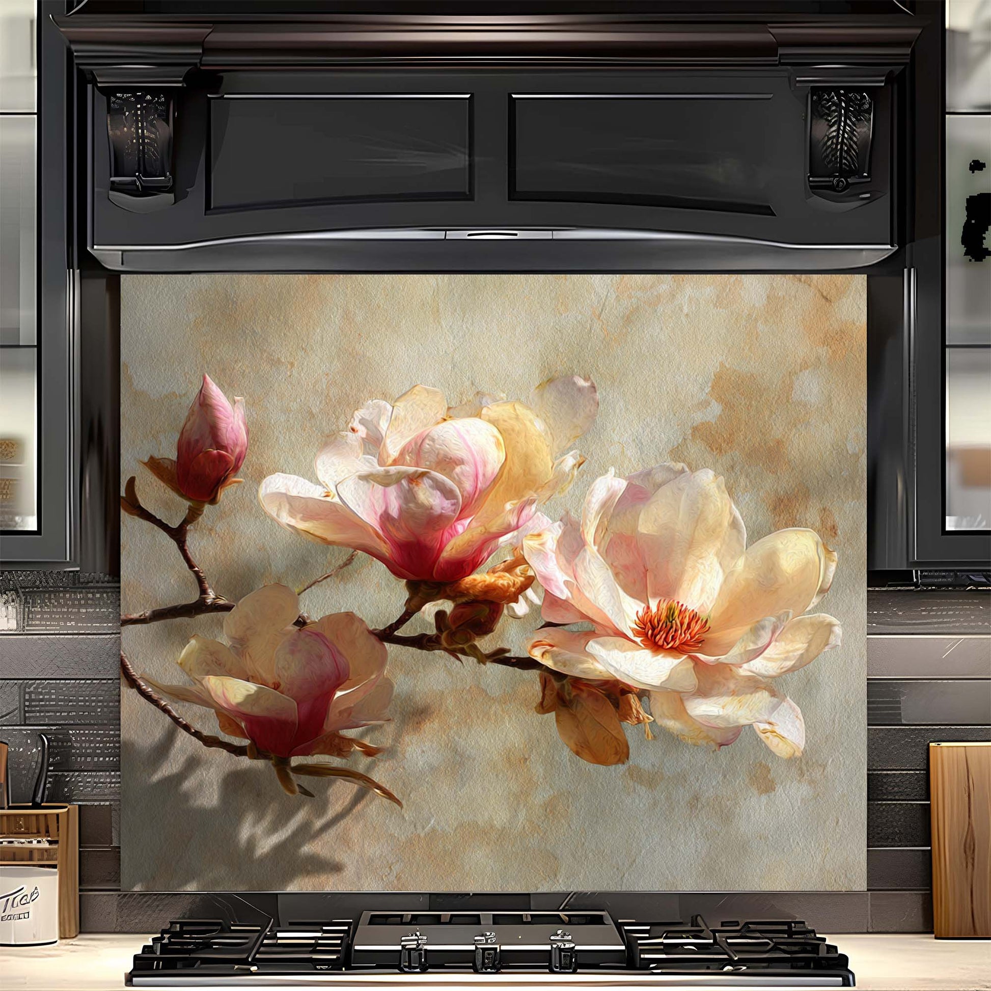 Decorative glass backsplash with floral design in a kitchen setting