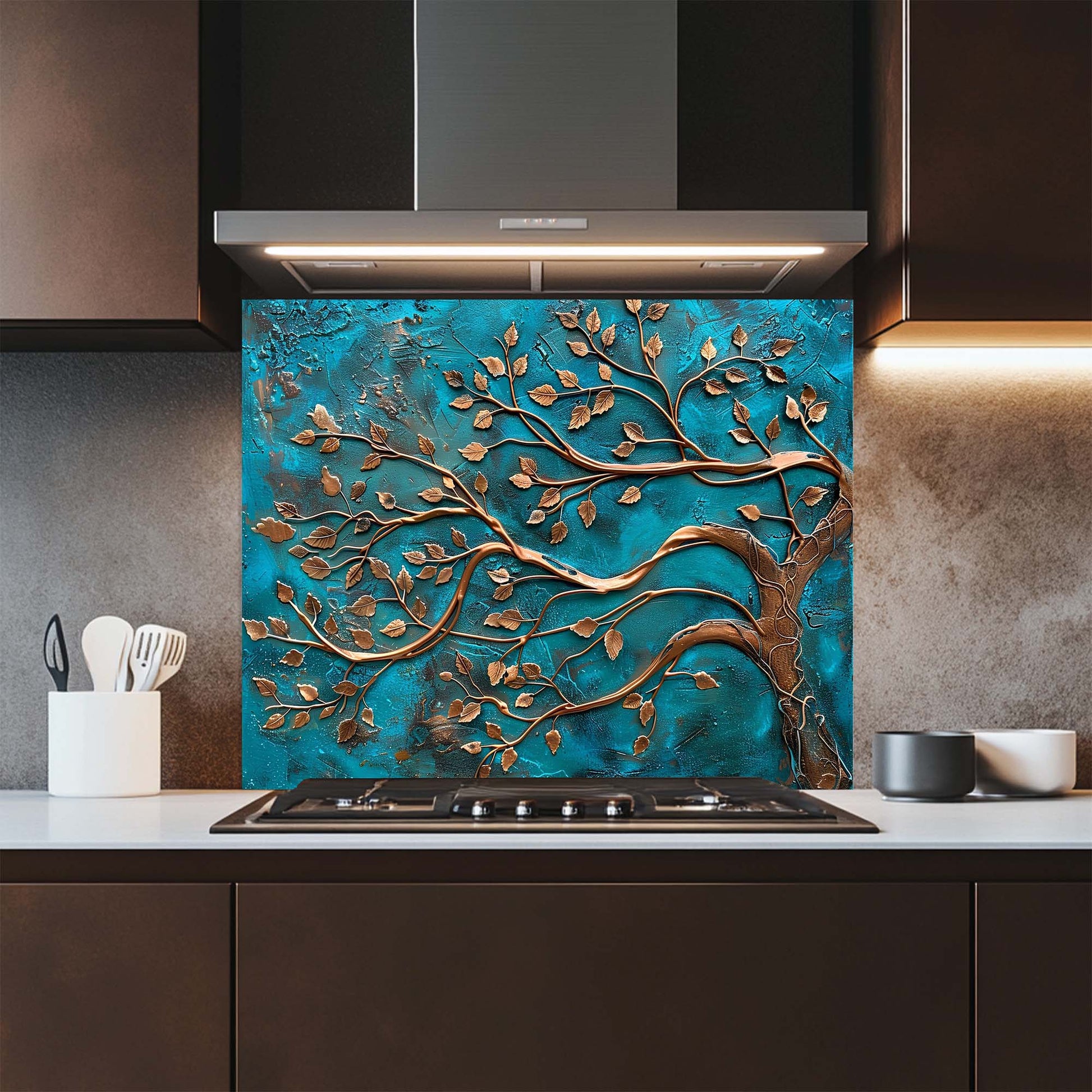 Decorative glass splashback with tree design in a kitchen