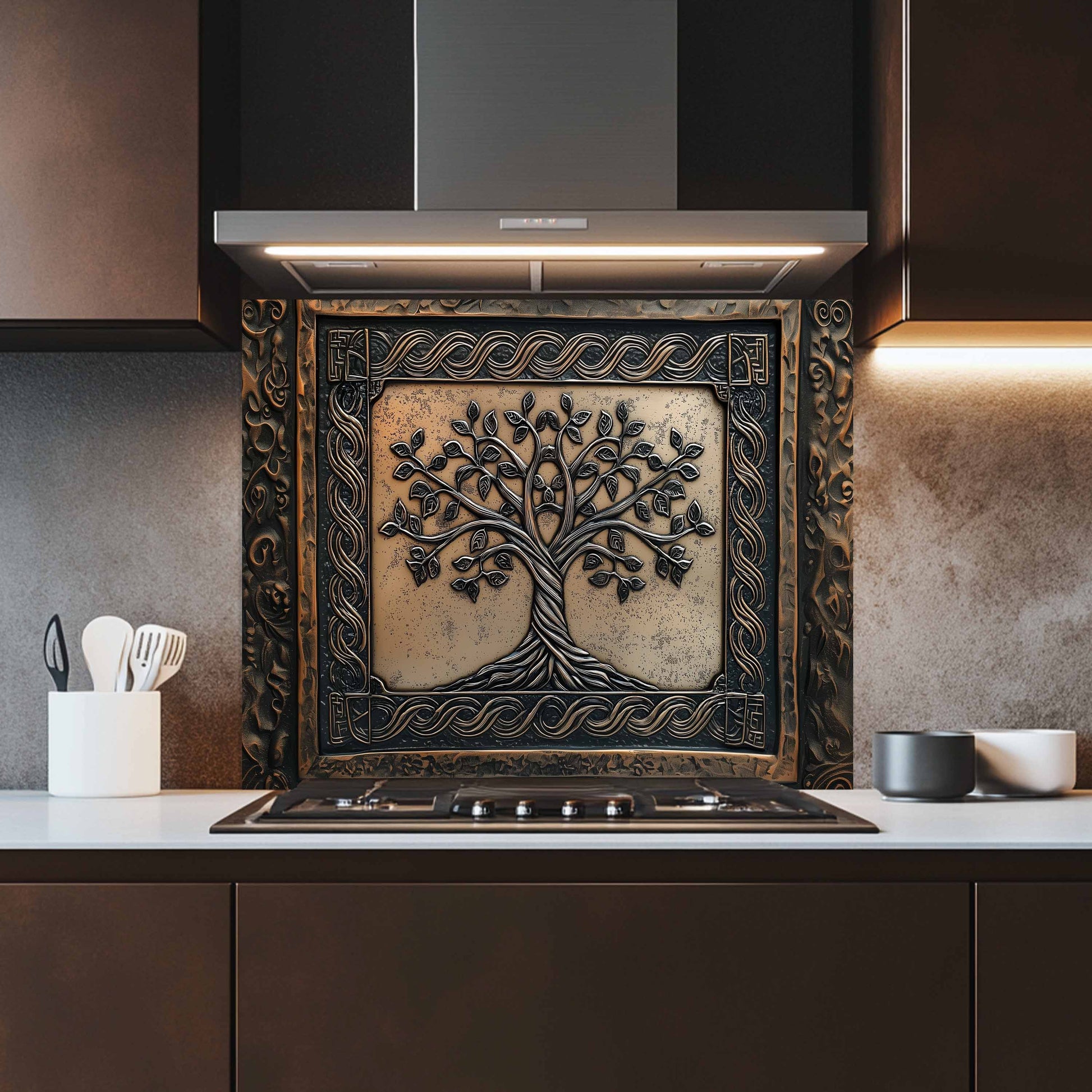 Decorative wall panel with tree design above a kitchen stove