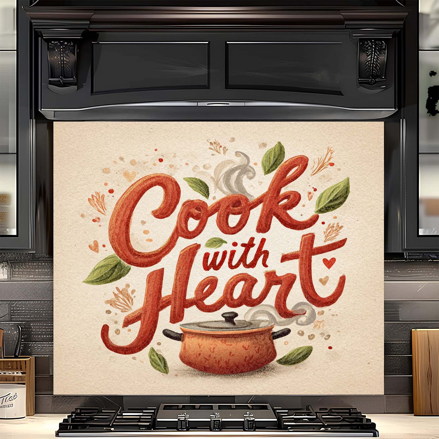 Stove with a decorative glass backsplash featuring the text 'Cook with Heart' in a kitchen setting.