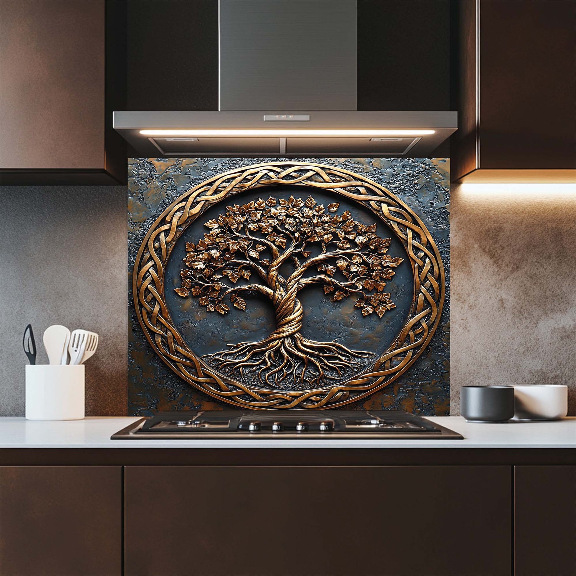 Decorative glass backsplash with a tree design in a modern kitchen