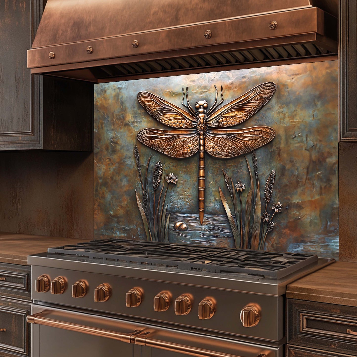 Stainless steel stove with decorative dragonfly backsplash in a kitchen setting