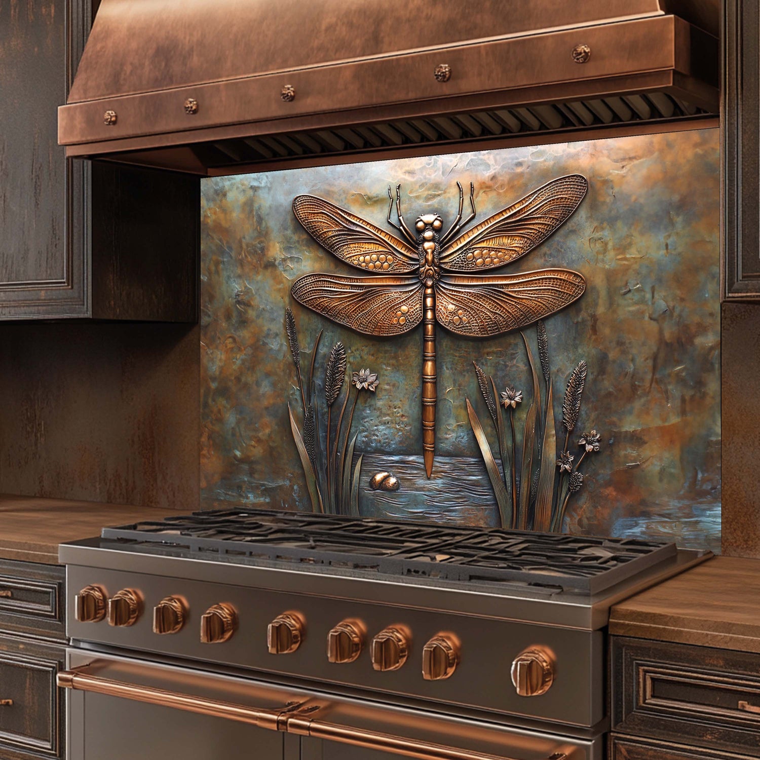 Stainless steel stove with decorative dragonfly backsplash in a kitchen setting