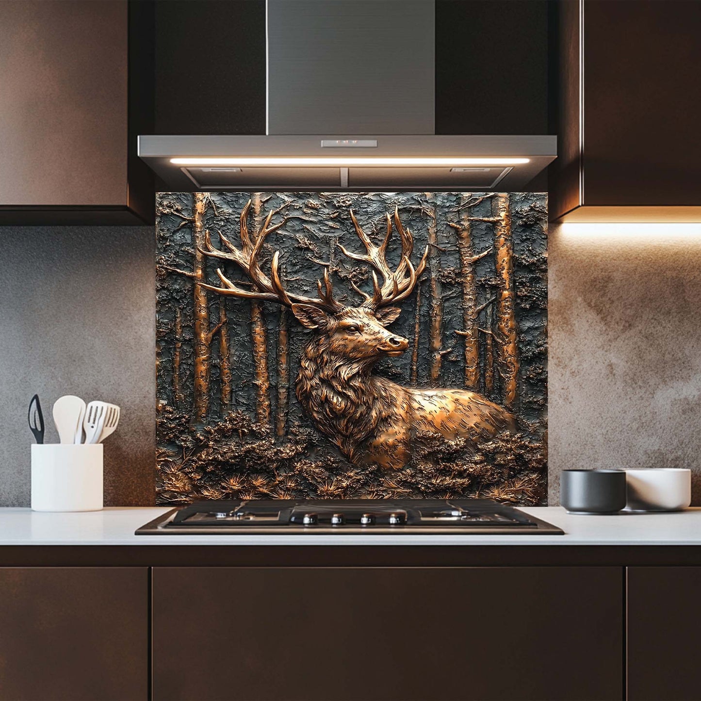 Decorative glass splashback with a deer design in a kitchen setting