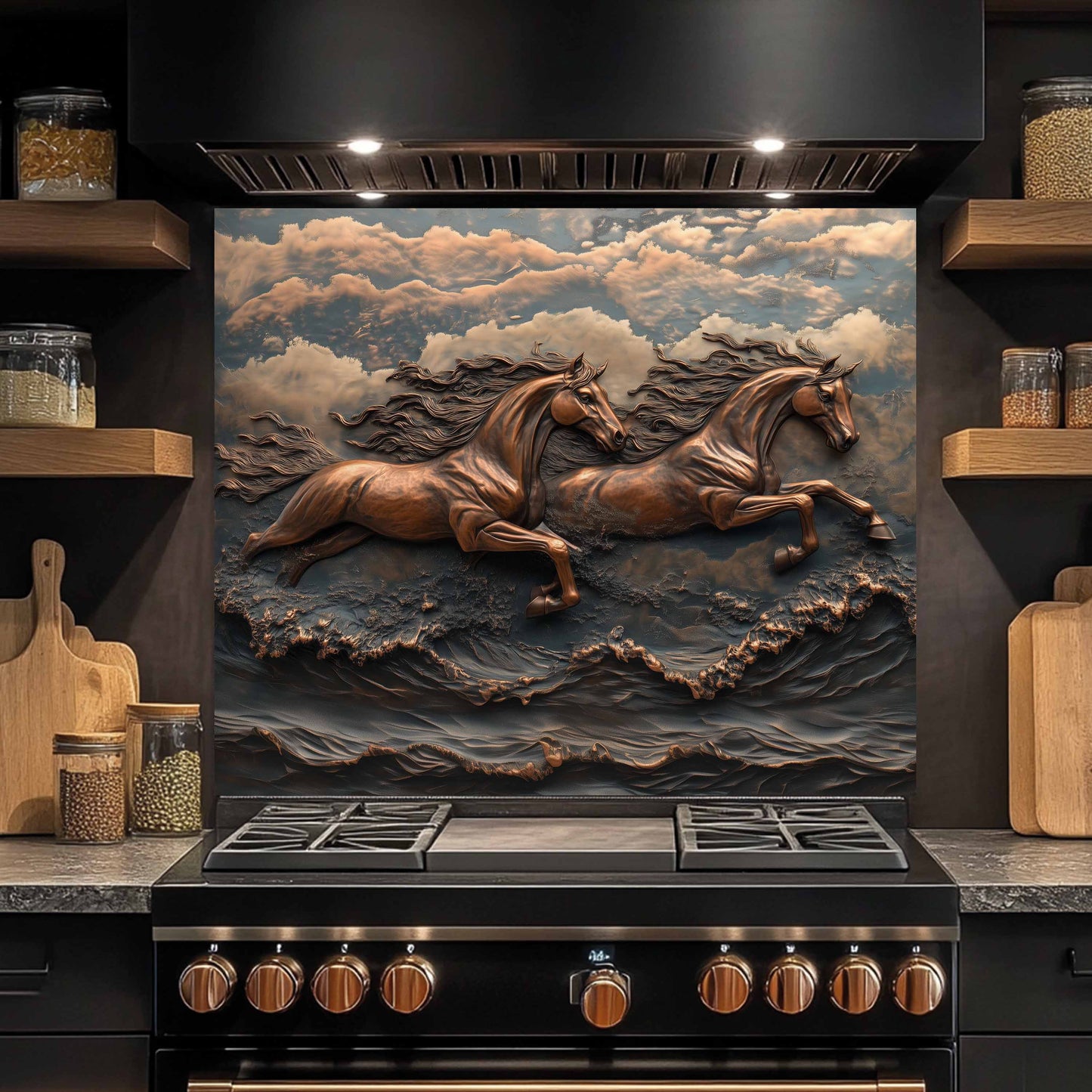 Horse tempered glass backplash in rustic kitchen