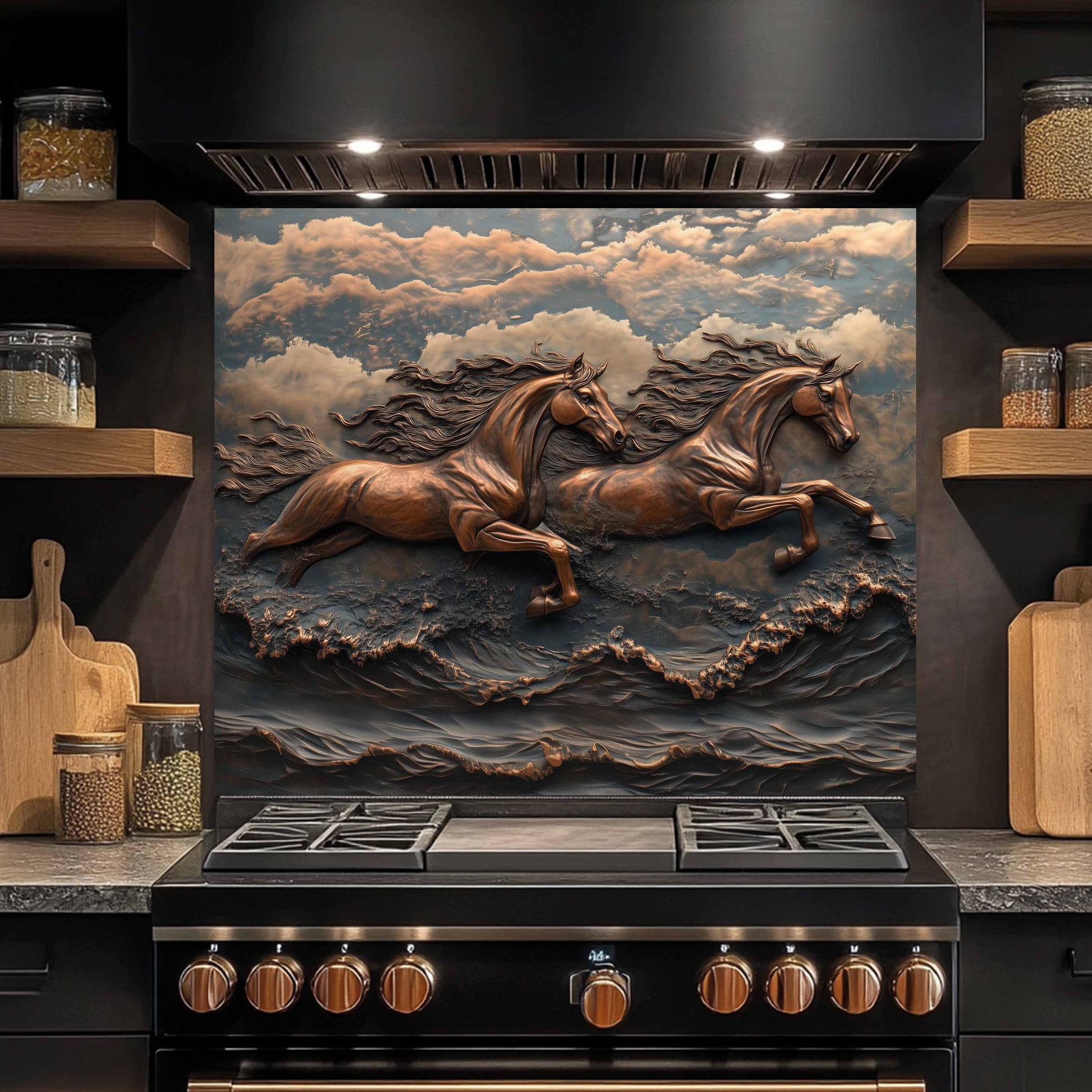 Horse tempered glass backplash in rustic kitchen