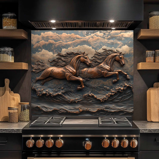 Horse tempered glass backplash in rustic kitchen
