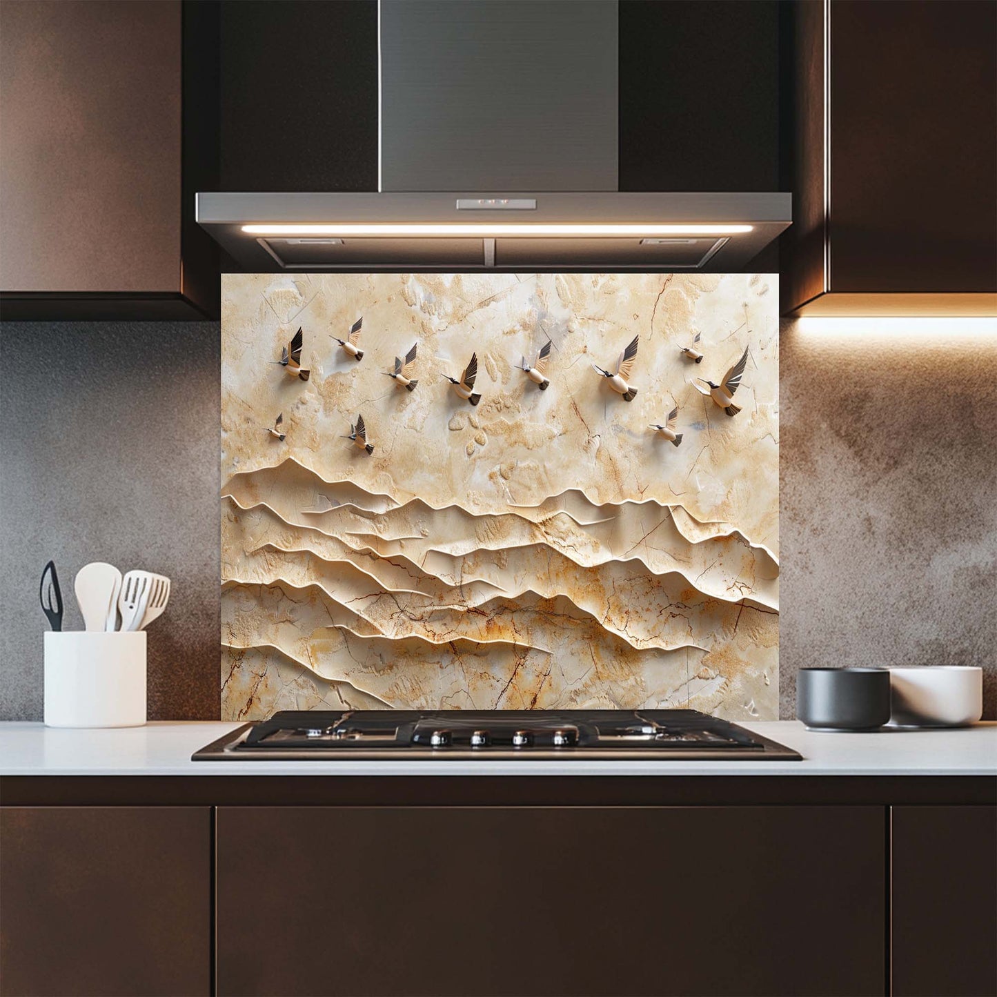 Modern kitchen with a decorative backsplash featuring bird designs.