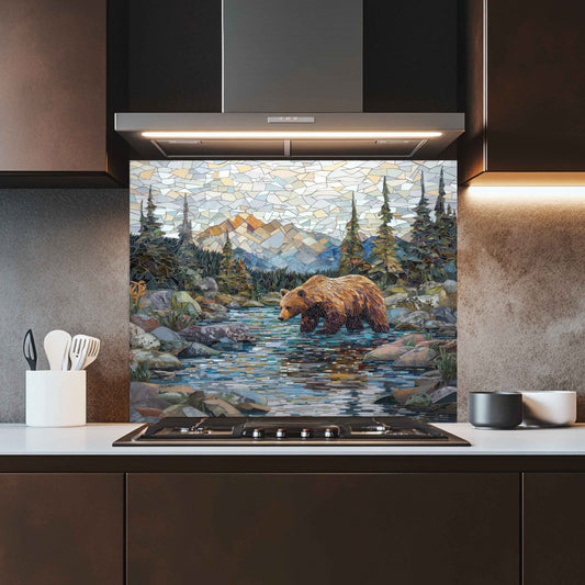Kitchen with a decorative glass splashback featuring a bear and mountain scene.