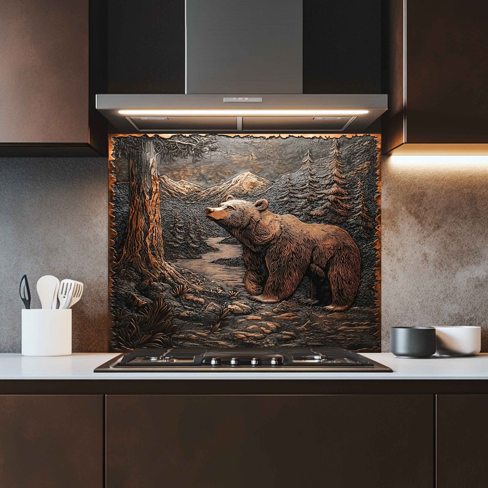 Kitchen with a bear backsplash on the wall