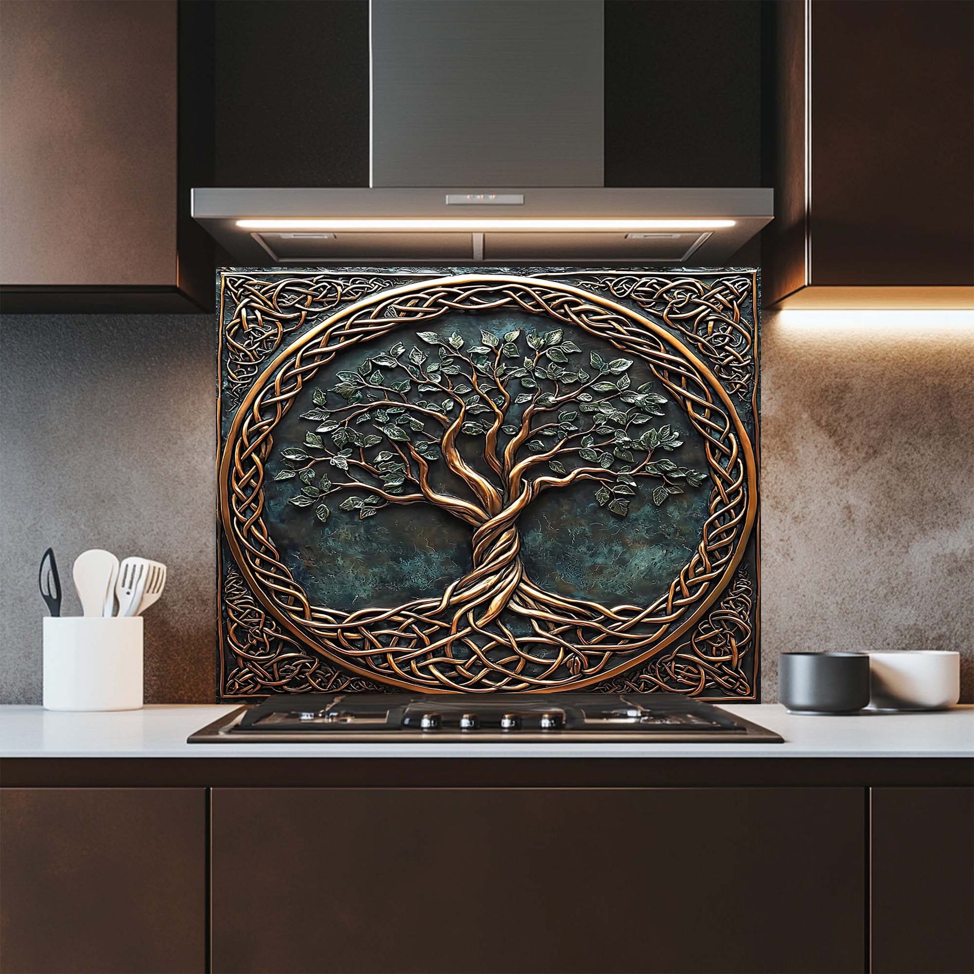 Decorative glass backsplash with tree design above a kitchen stove