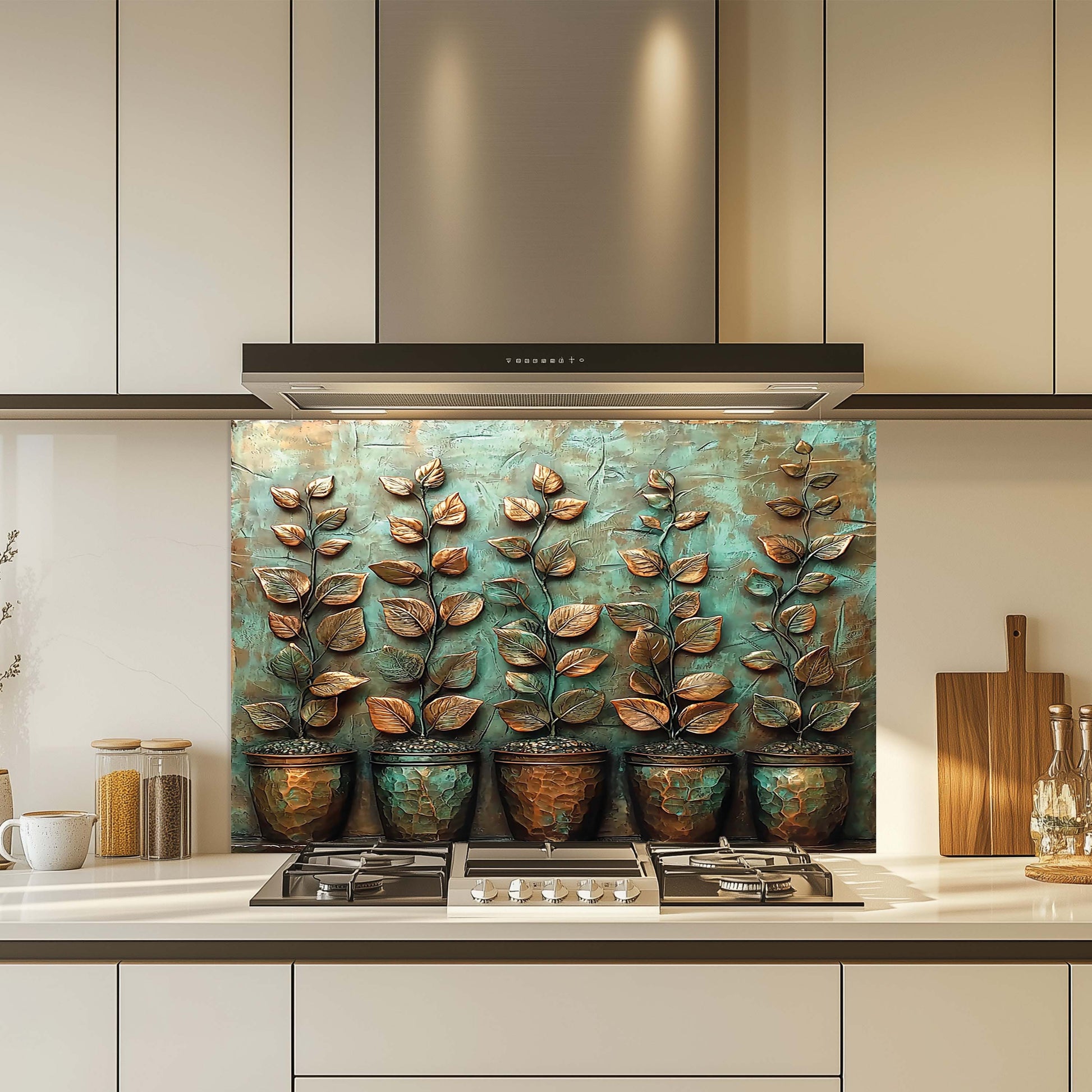 Decorative glass splashback with leaf design in a kitchen setting