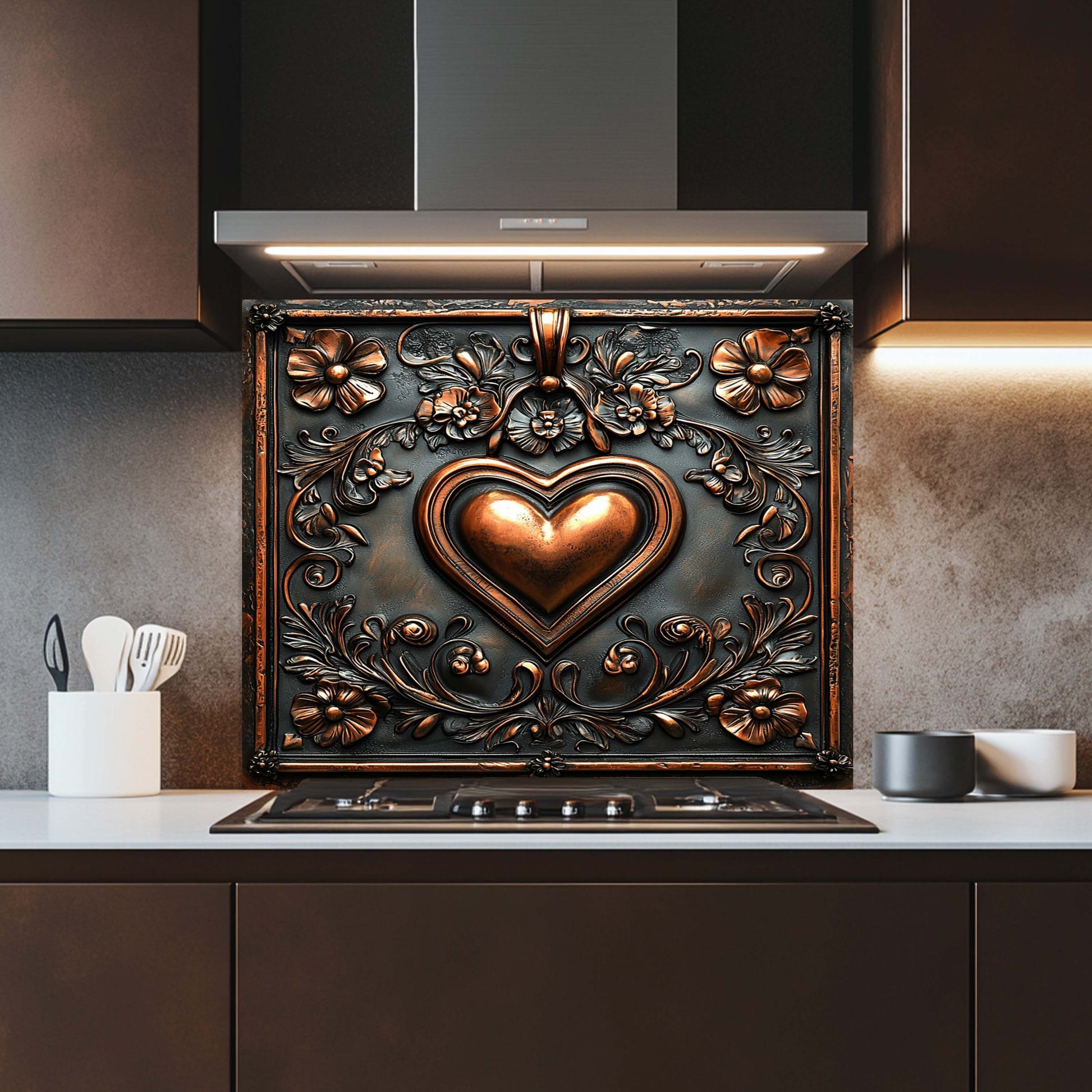 Decorative backsplash with heart design in a kitchen setting