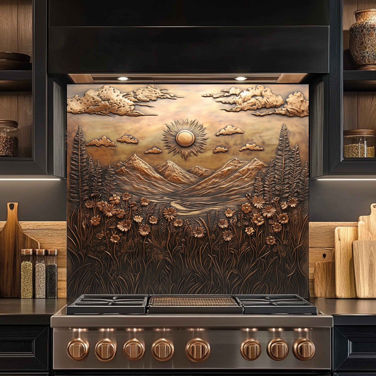 Stainless steel stove with decorative mountain scene backsplash in a kitchen setting