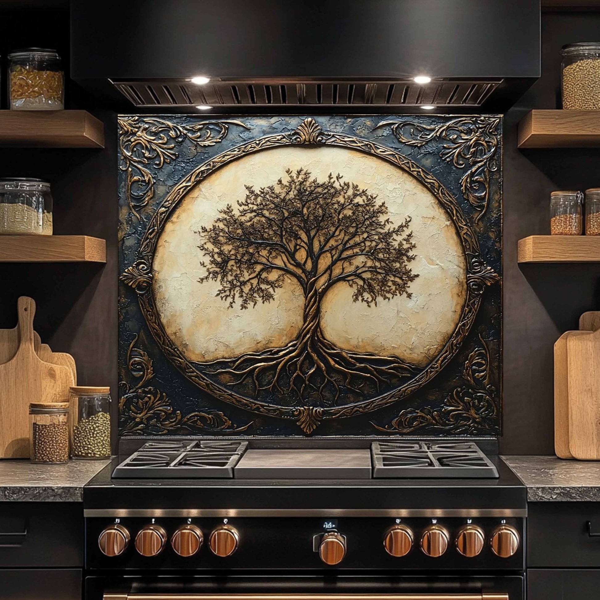 Decorative kitchen stove with tree of life design on the back splash