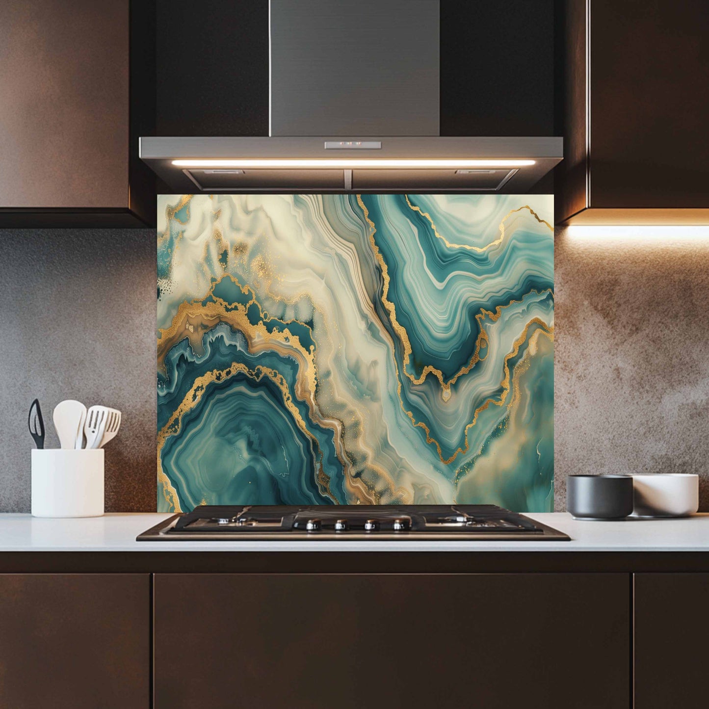 Kitchen with a decorative glass splashback featuring a green and gold agate design.