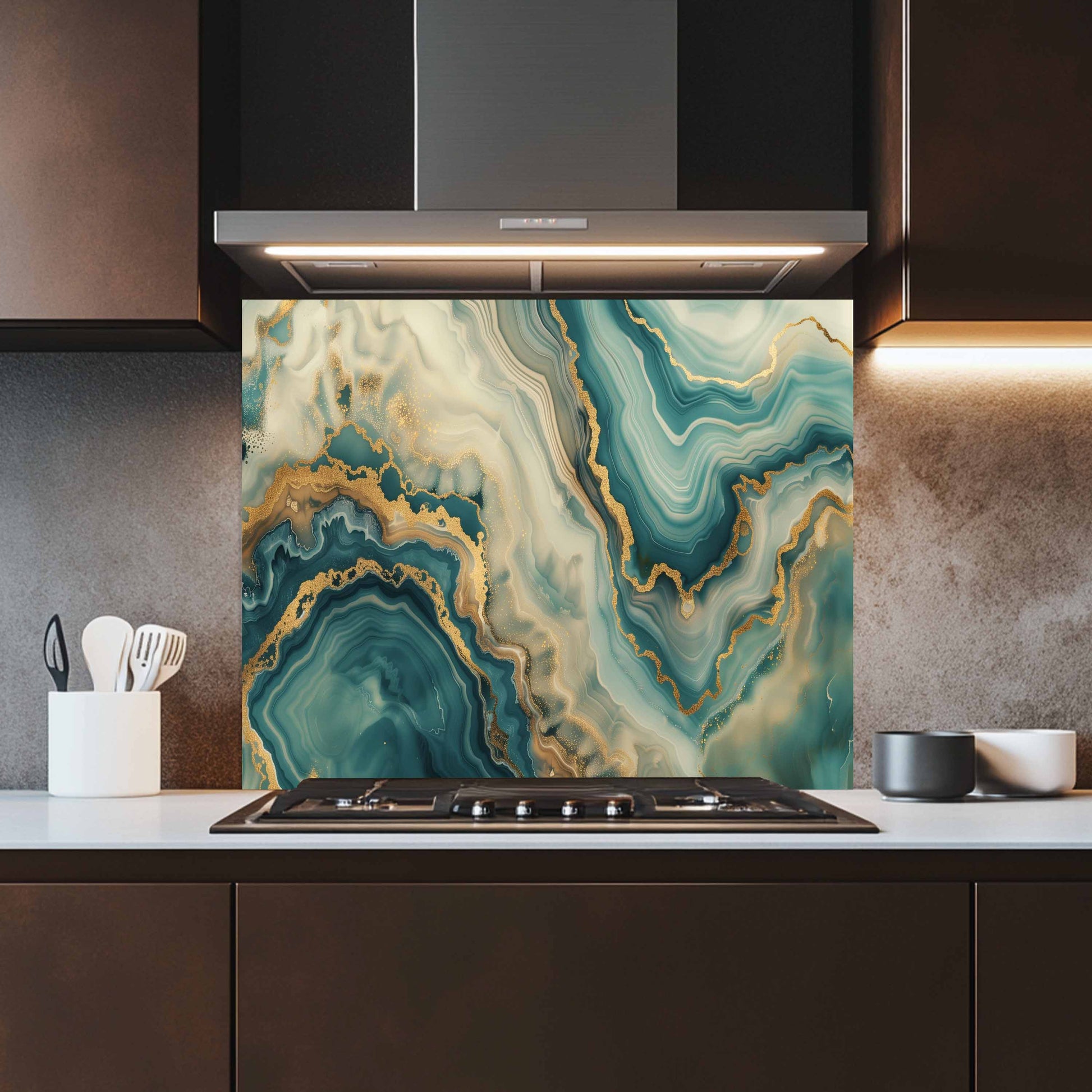 Kitchen with a decorative glass splashback featuring a green and gold agate design.