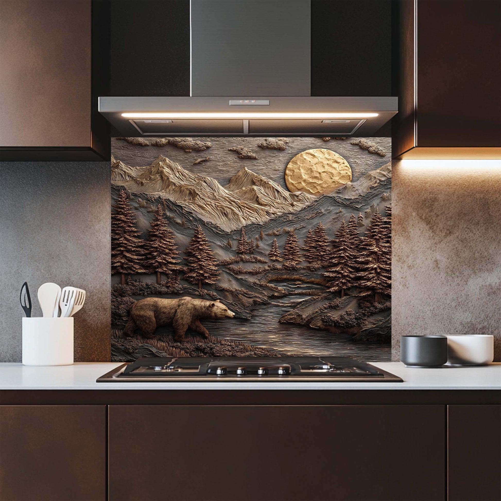 Kitchen with a decorative glass backsplash featuring a mountain landscape and bear.