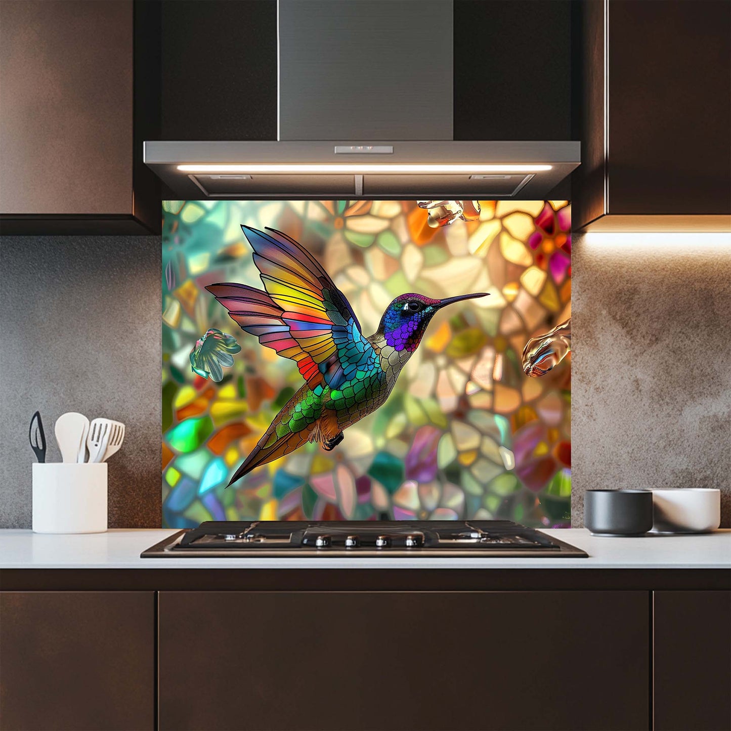 Kitchen with a colorful hummingbird design on a glass splashback
