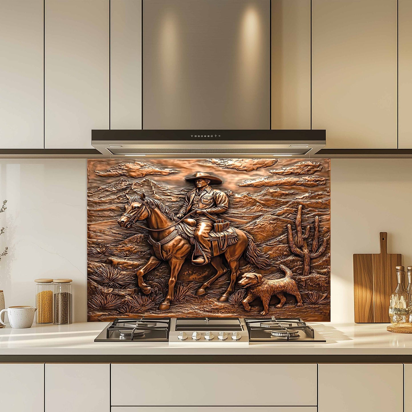 Decorative kitchen backsplash art of a cowboy on horseback in a kitchen setting.