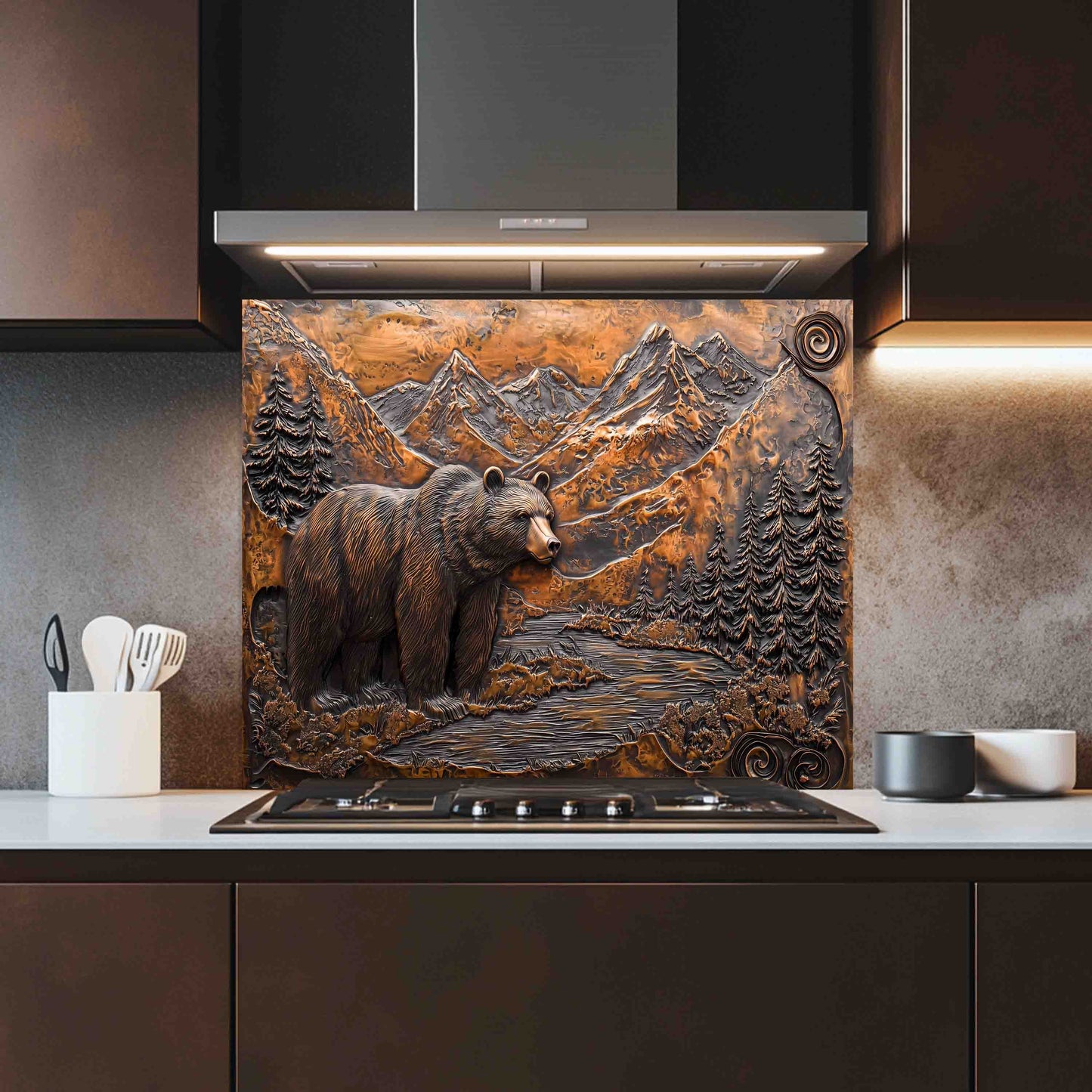 Kitchen with a decorative tempered glass panel featuring a bear and mountain landscape.