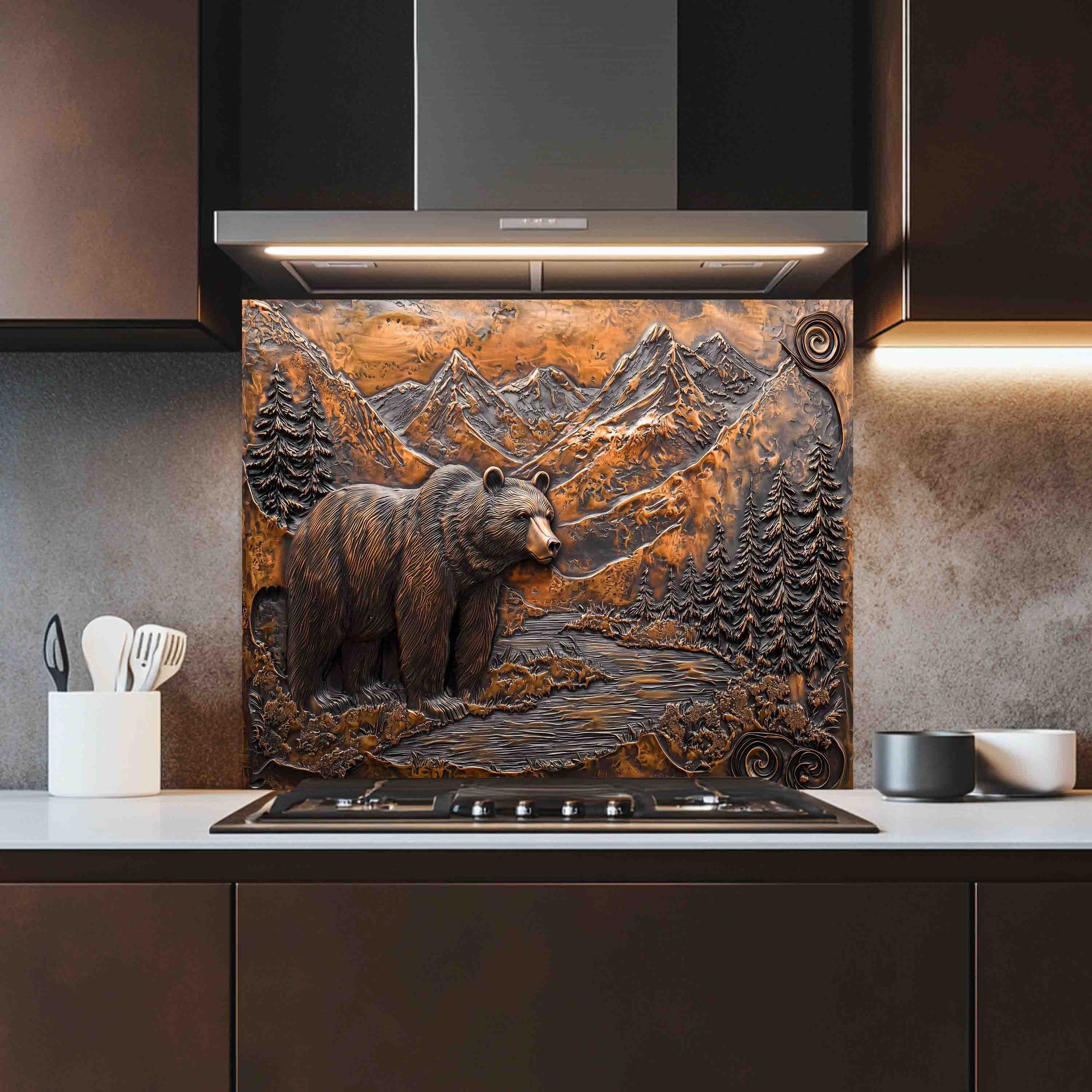Kitchen with a decorative tempered glass panel featuring a bear and mountain landscape.