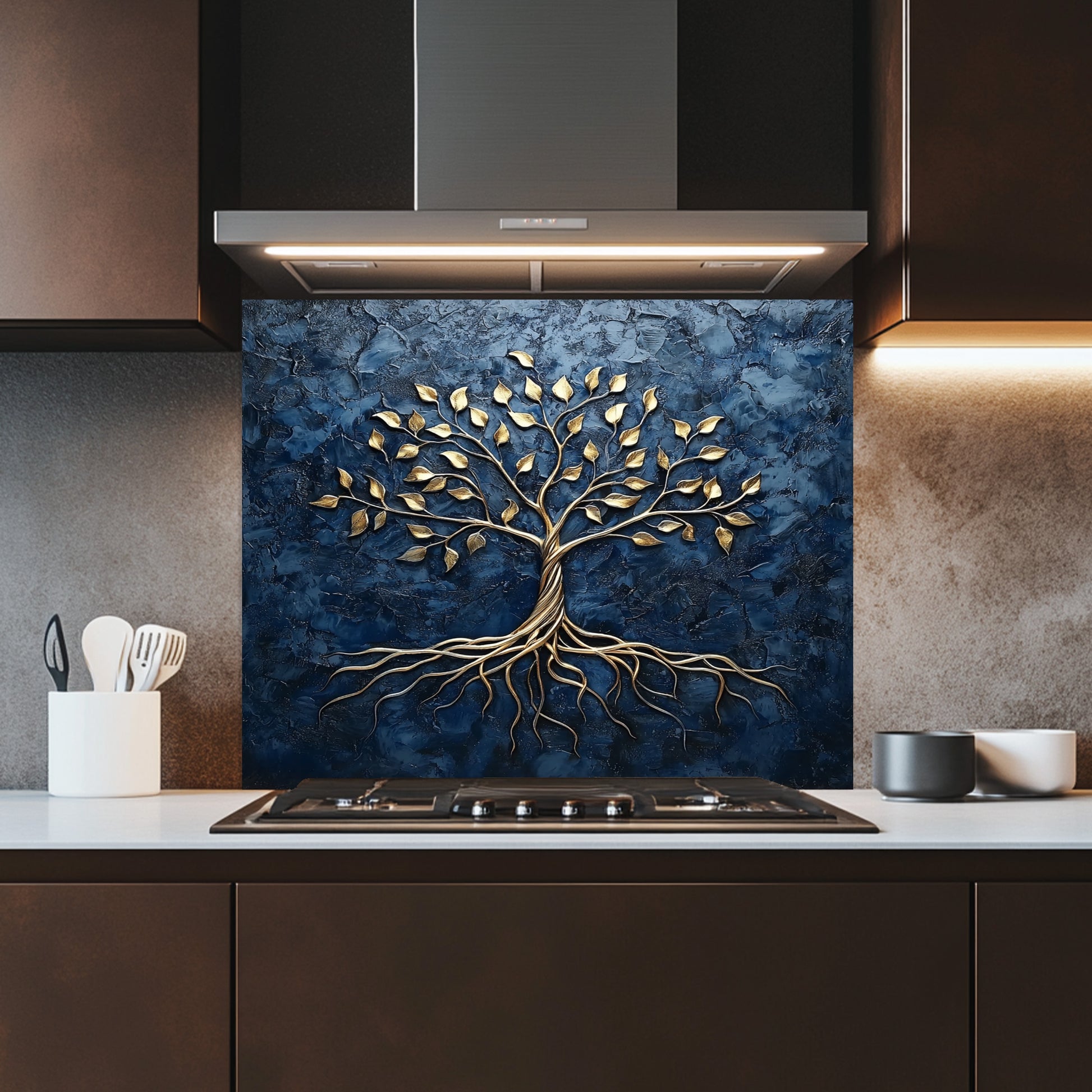 Kitchen with decorative glass splashback featuring a tree design.