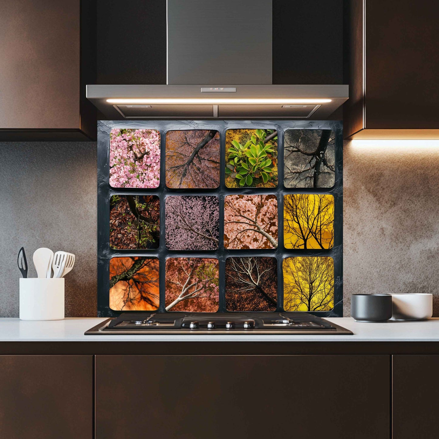 Modern kitchen with a decorative backsplash above the stove featuring seasonal tree patterns.