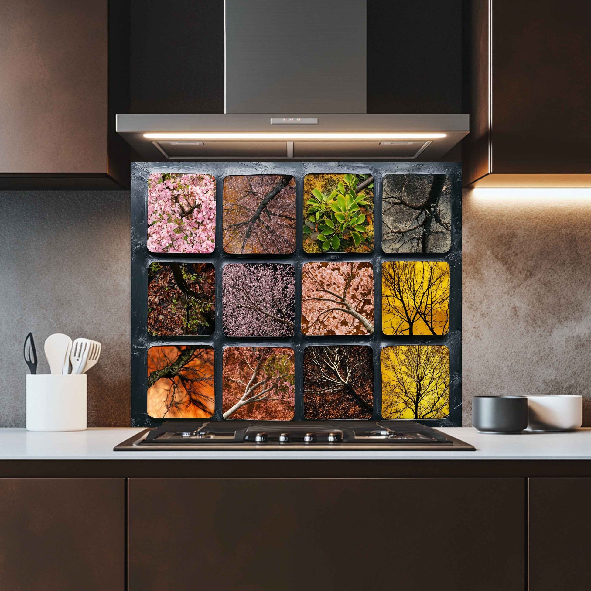 Modern kitchen with a decorative backsplash above the stove featuring seasonal tree patterns.