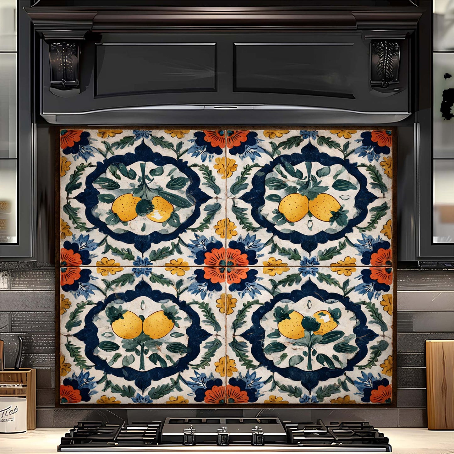 Decorative tile glass backsplash with lemons and floral patterns on a kitchen appliance.