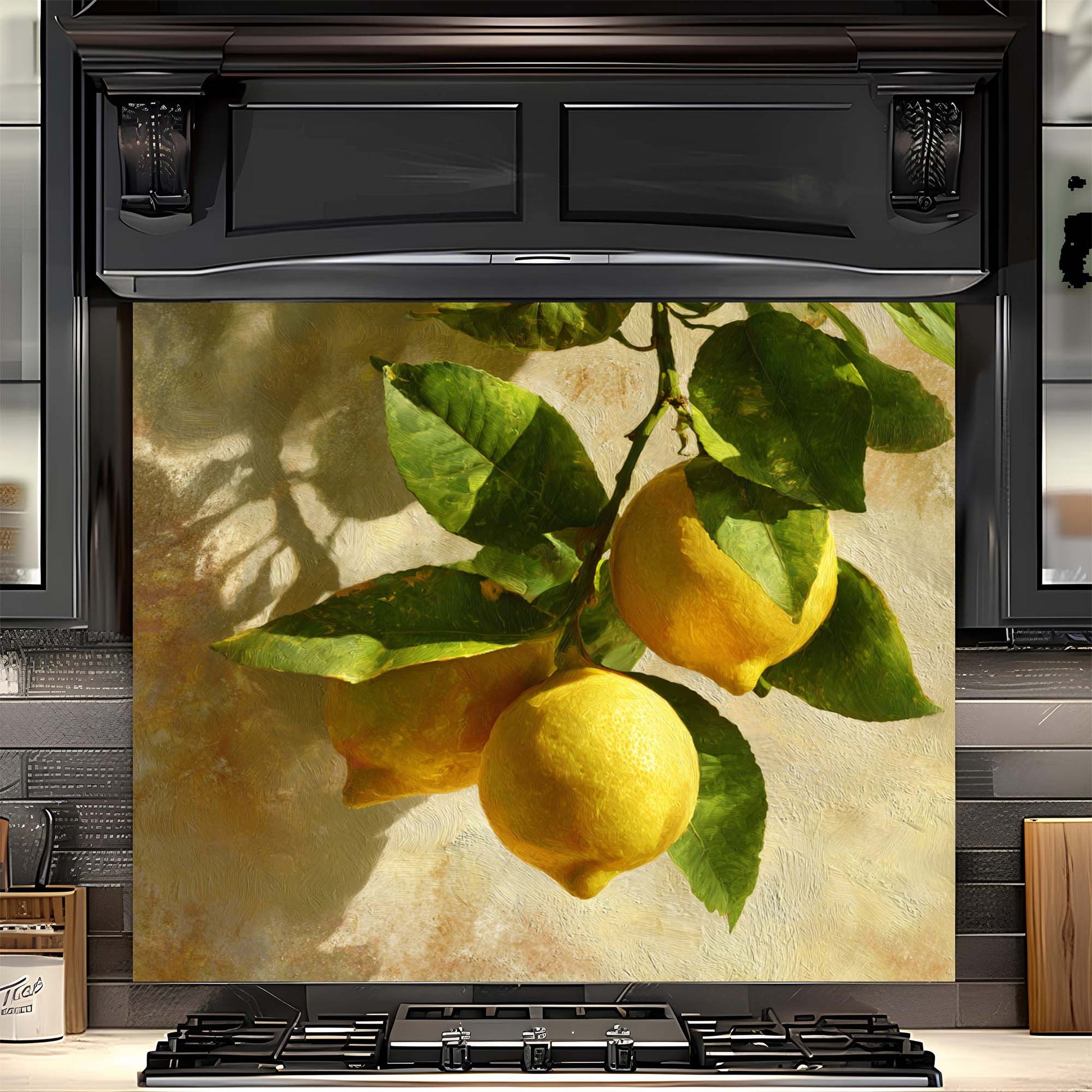 Stainless steel oven with a decorative glass backsplash featuring lemons and leaves