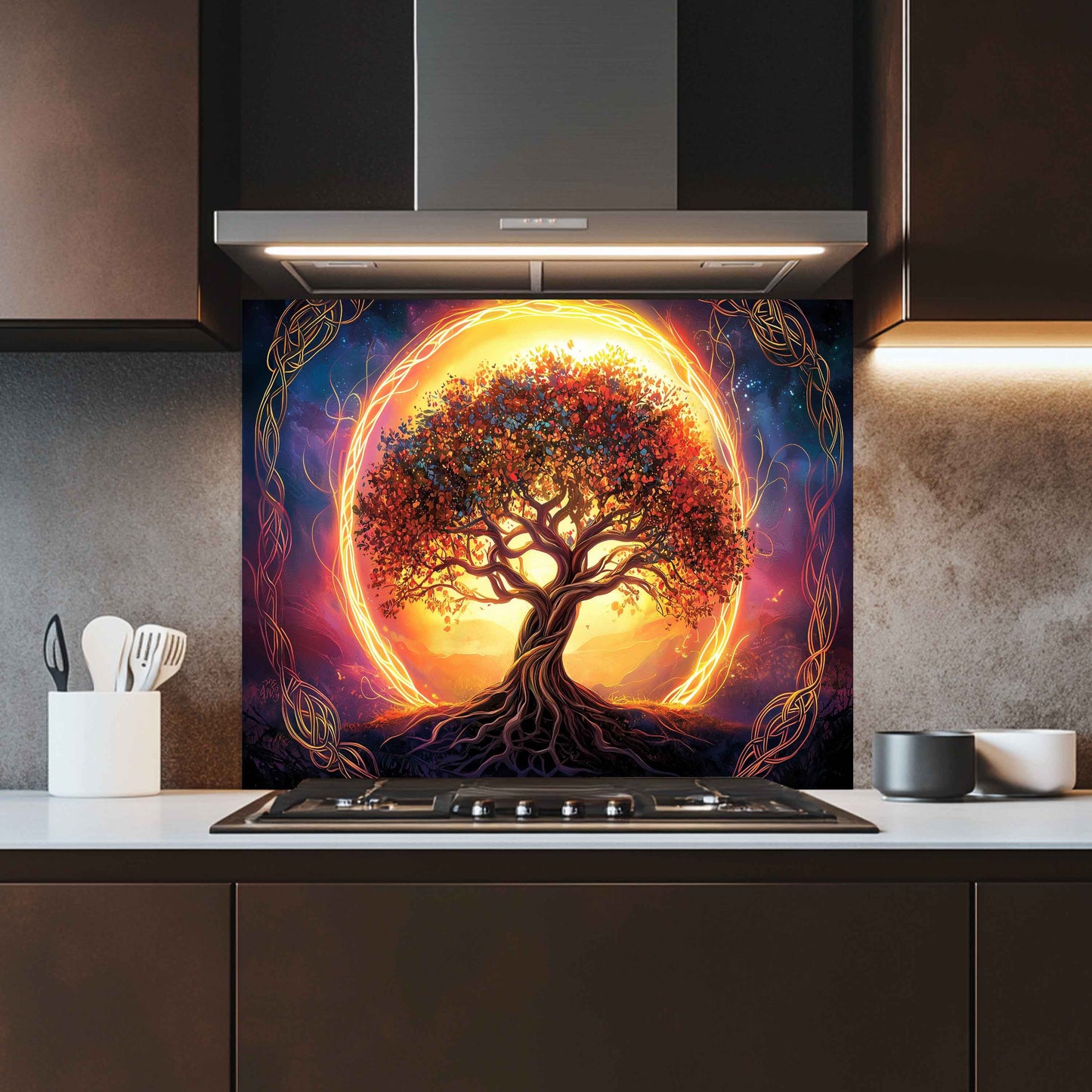Kitchen with a decorative wall panel featuring a tree and moon design.