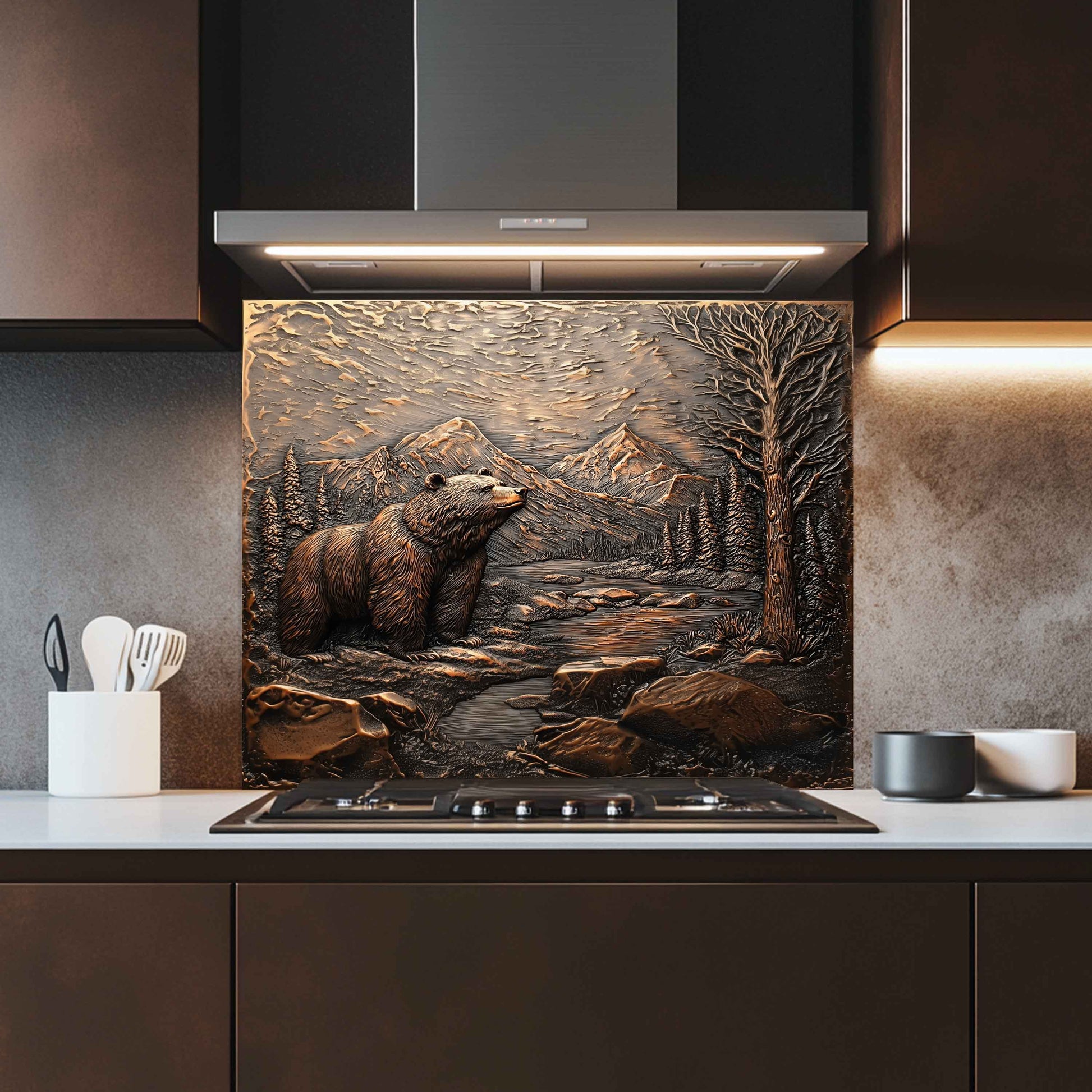 Kitchen with a decorative stove splashback featuring a bear in a forest scene.