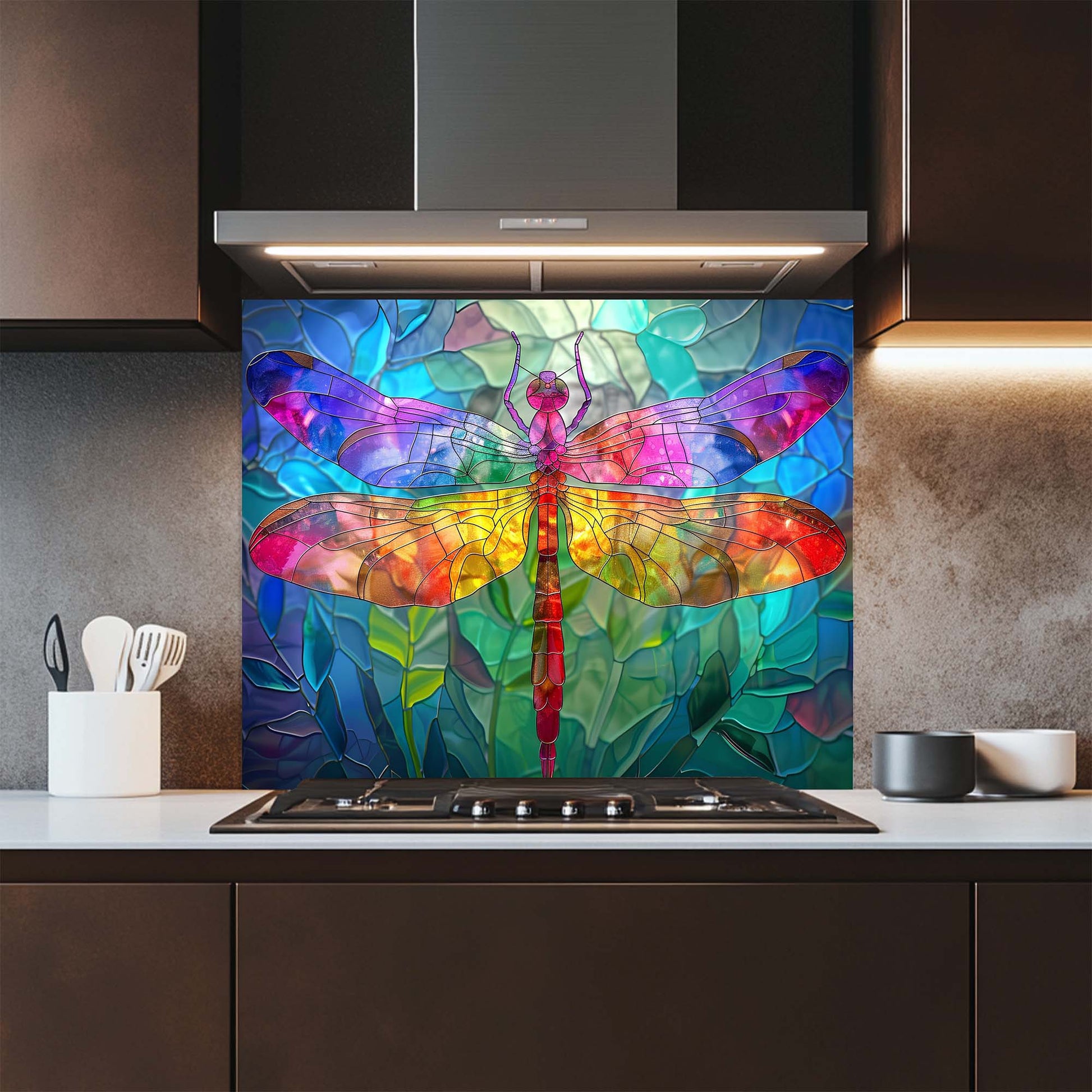 Colorful dragonfly design on a kitchen backsplash