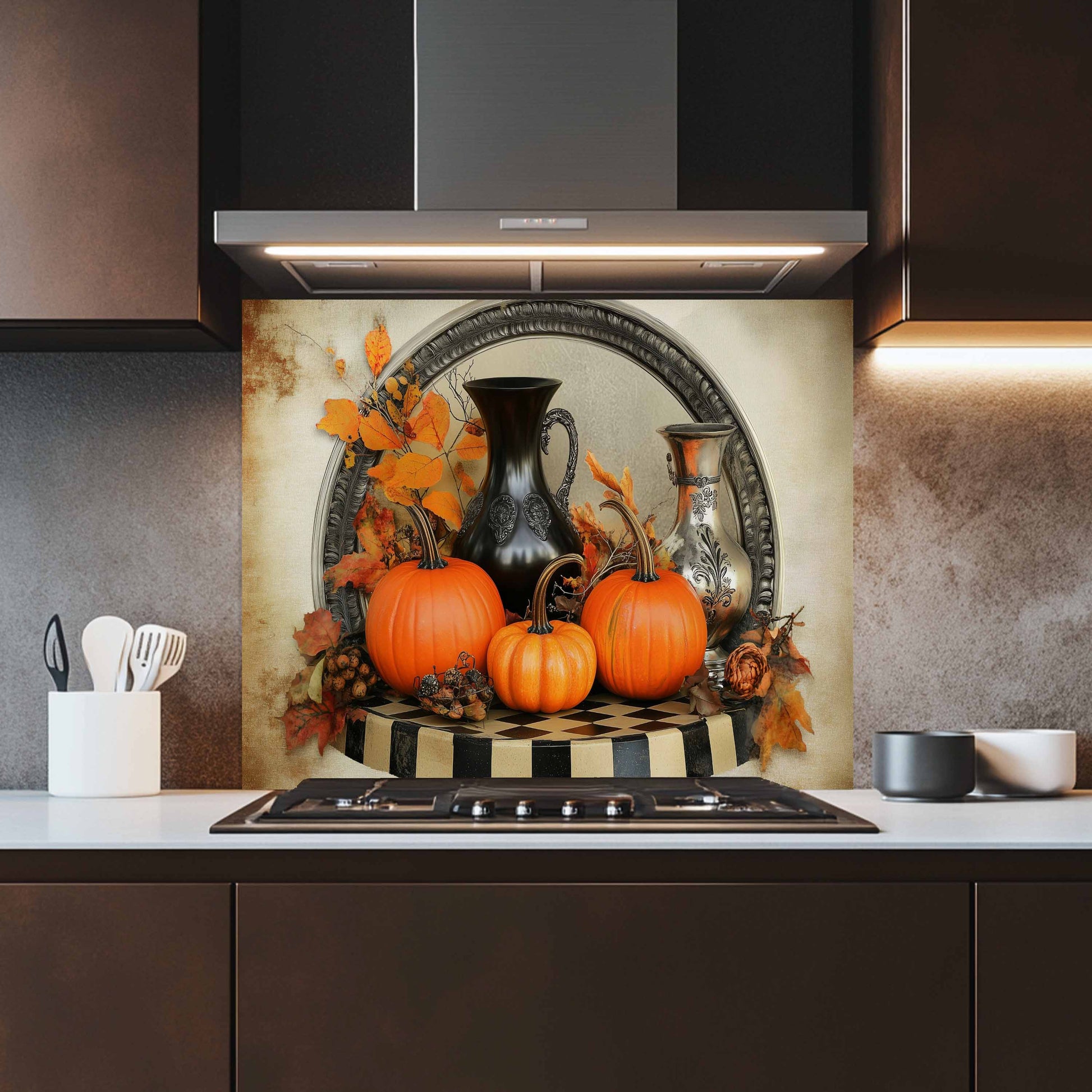 Kitchen with a decorative backsplash featuring pumpkins and autumn elements.