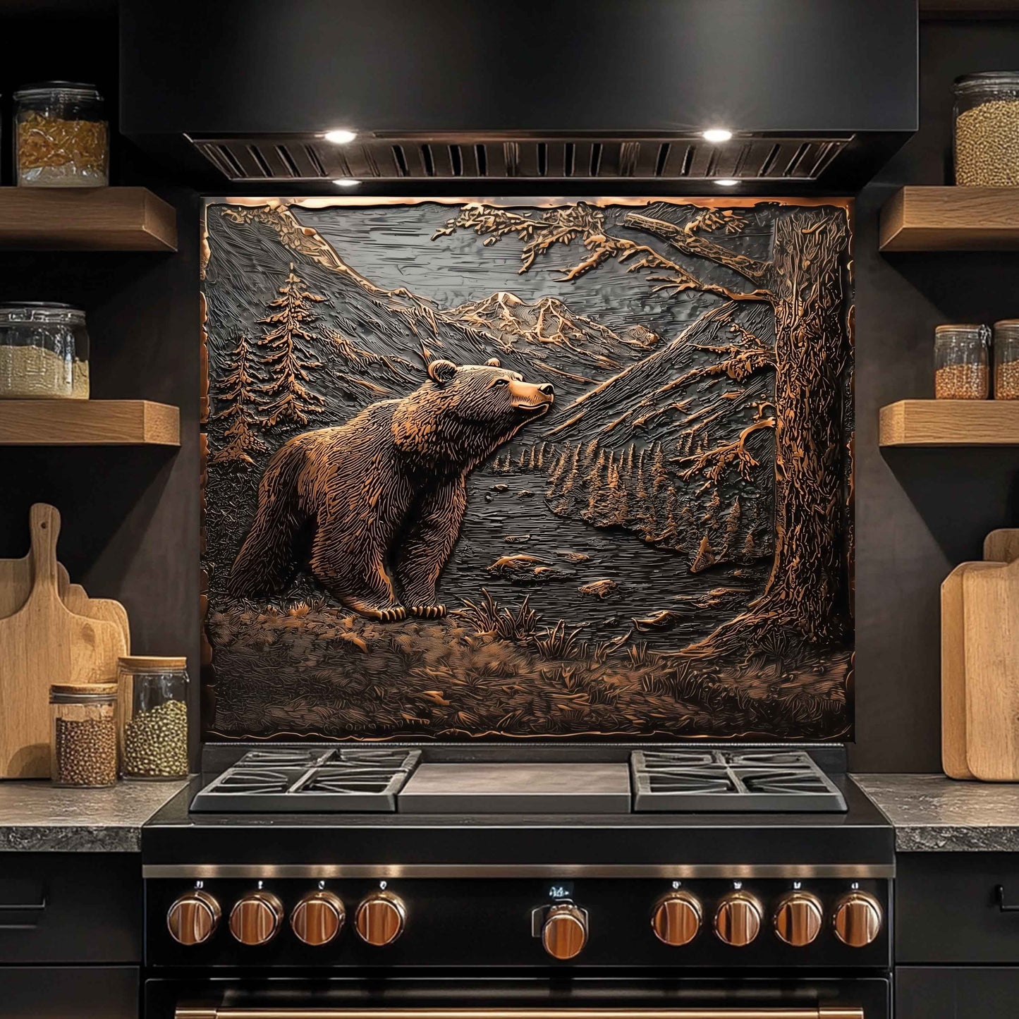Kitchen stove with a bear and mountain design on the backsplash
