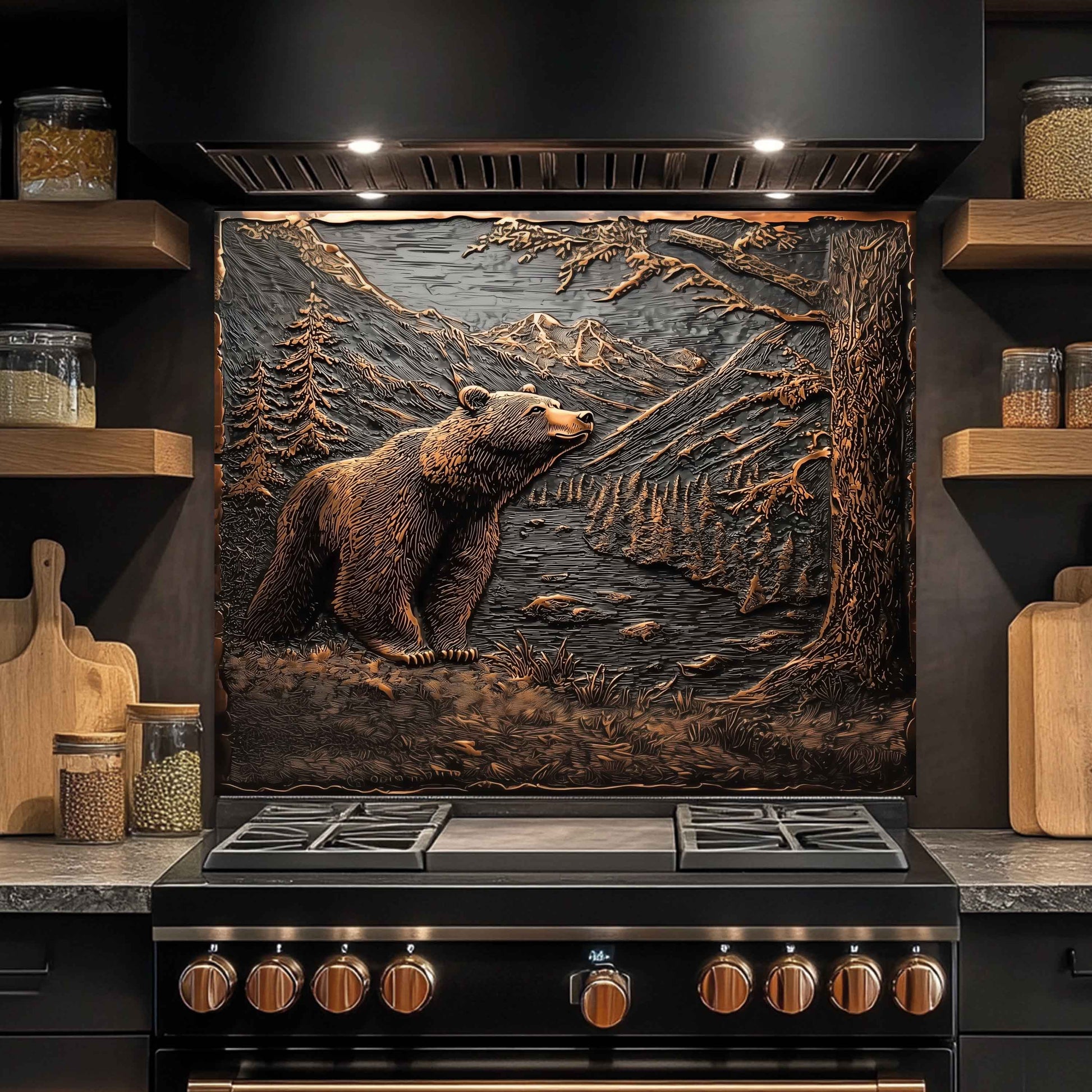 Kitchen stove with a bear and mountain design on the backsplash